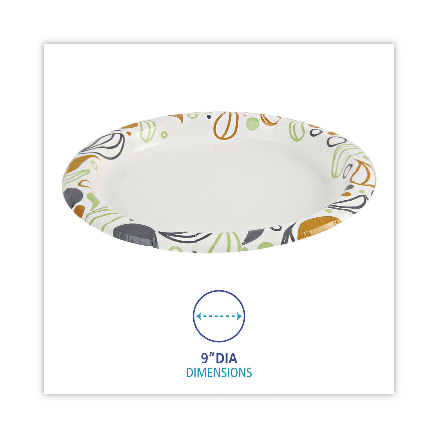 Boardwalk® Deerfield Printed Paper Plates, 9" dia, Coated/Soak Proof, White/Yellow/Green/Purple, 125/Pack, 8 Packs/Carton