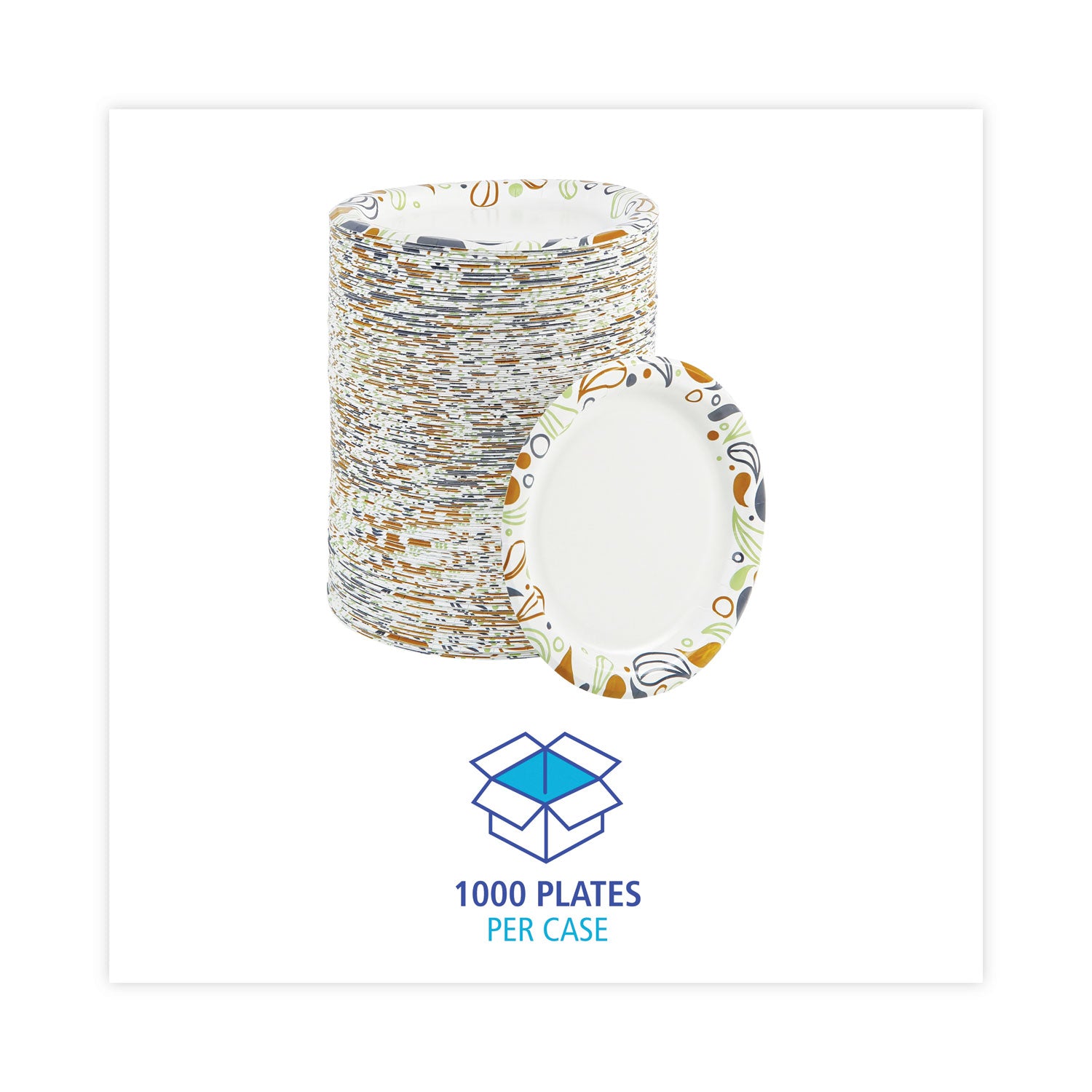 Boardwalk® Deerfield Printed Paper Plates, 6" dia, Coated/Soak Proof, White/Yellow/Green/Purple, 250/Pack, 4 Packs/Carton