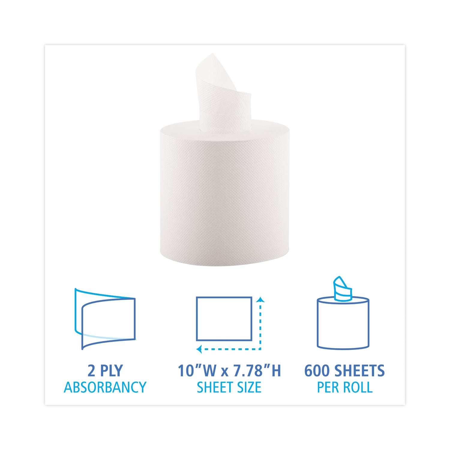 Boardwalk® Center-Pull Hand Towels, 2-Ply, Perforated, 7.5 x 9, White, 600/Roll, 6 Rolls/Carton