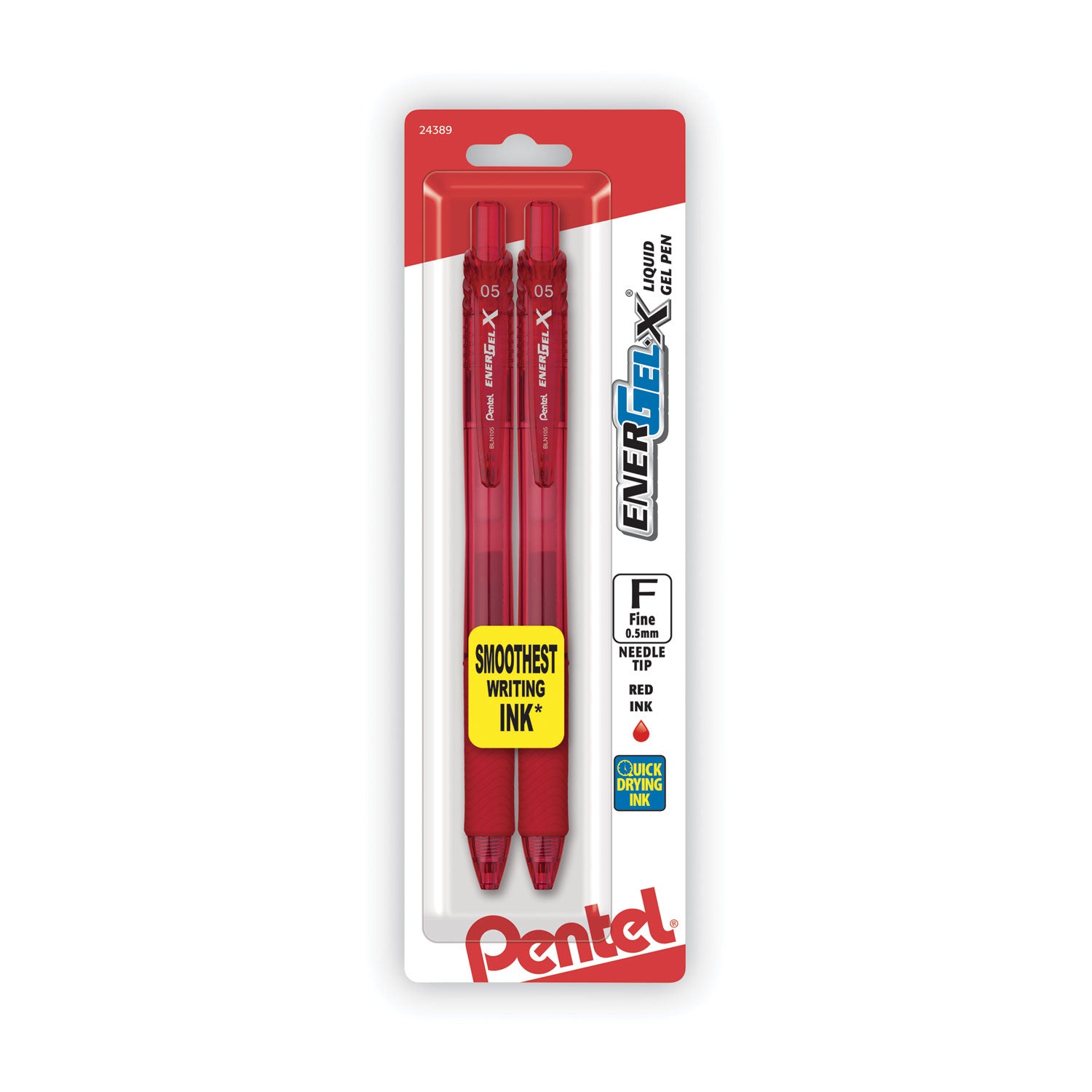 Pentel® EnerGel-X Gel Pen, Retractable, Fine 0.5 mm, Red Ink, Translucent Red/Red Barrel, Dozen