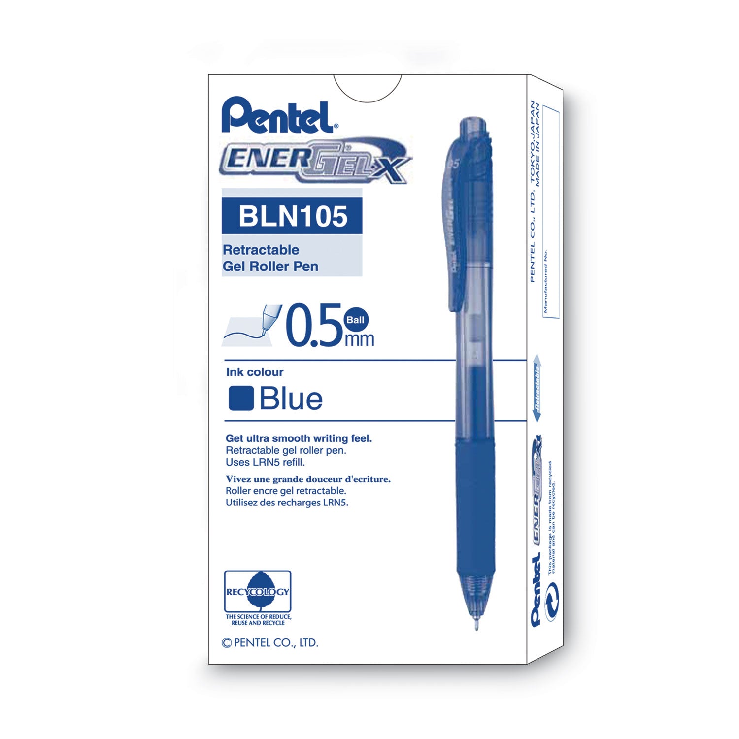 Pentel® EnerGel-X Gel Pen, Retractable, Fine 0.5 mm, Blue Ink, Translucent Blue/Blue Barrel, Dozen