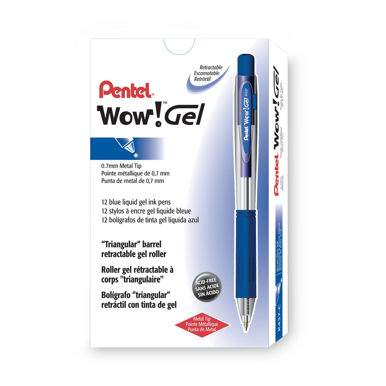 Pentel® Wow! Gel Pen, Retractable, Medium 0.7 Mm, Blue Ink, Clear/blue Barrel, Dozen