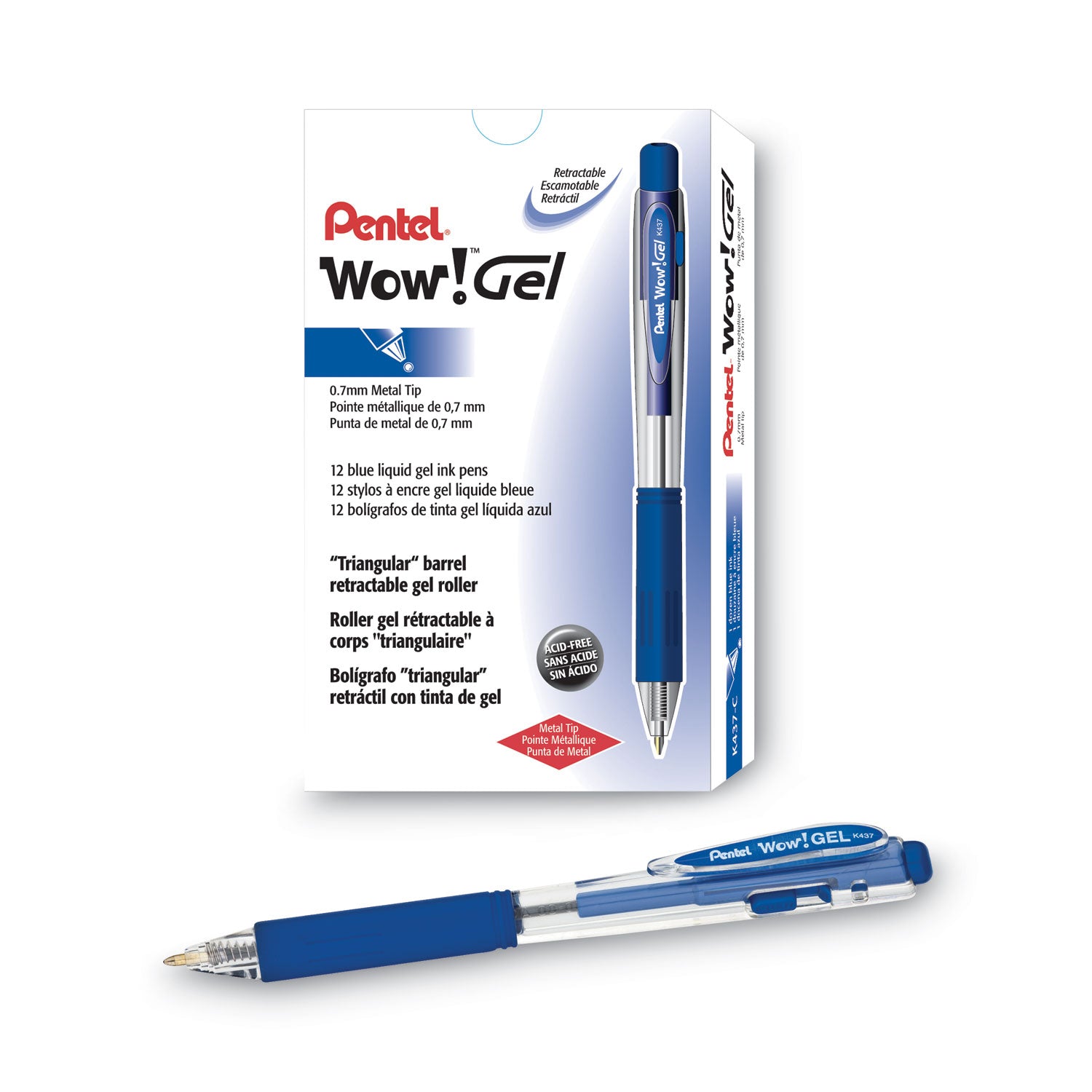 Pentel® Wow! Gel Pen, Retractable, Medium 0.7 Mm, Blue Ink, Clear/blue Barrel, Dozen
