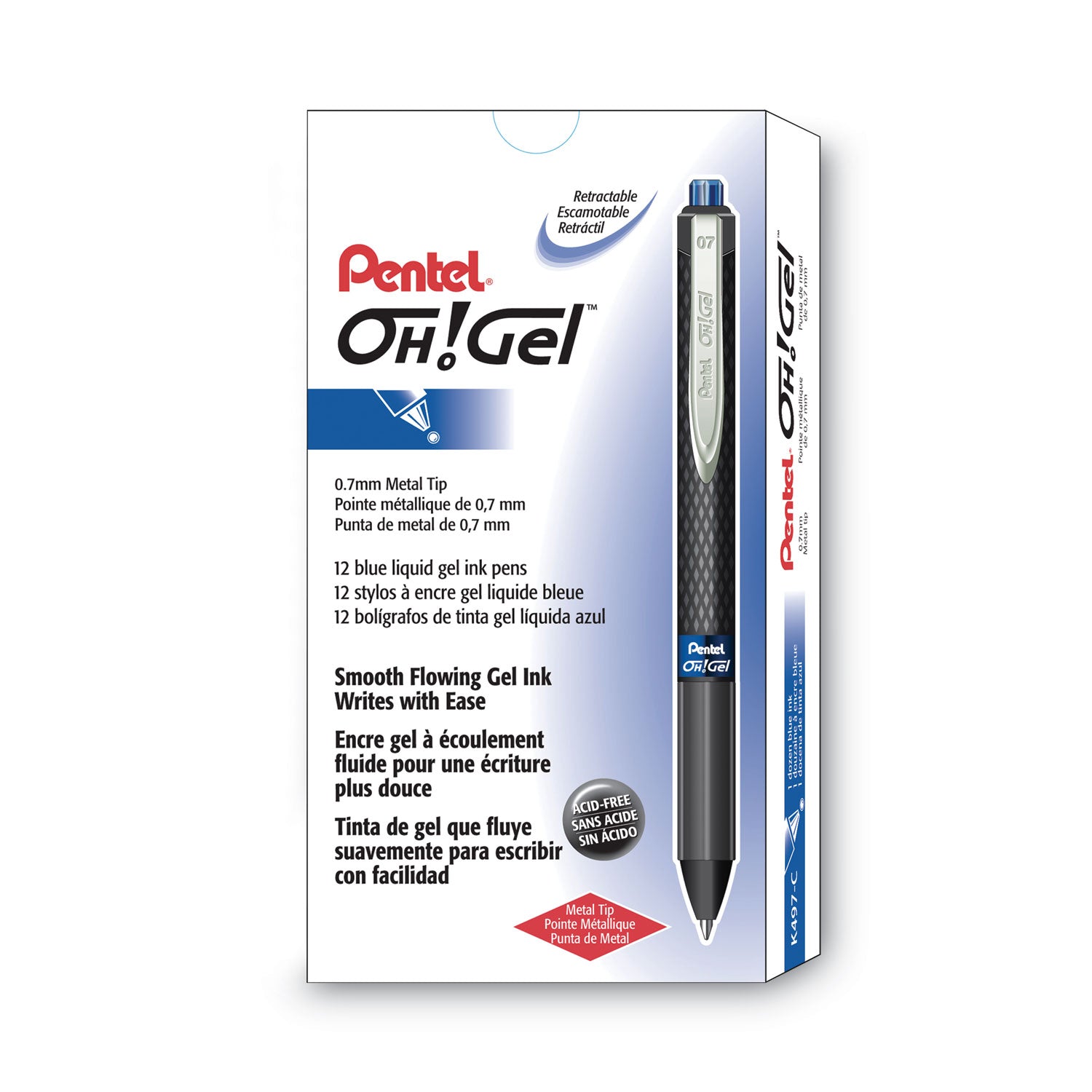 Pentel® Oh! Gel Pen, Retractable, Medium 0.7 Mm, Blue Ink, Black Barrel, Dozen