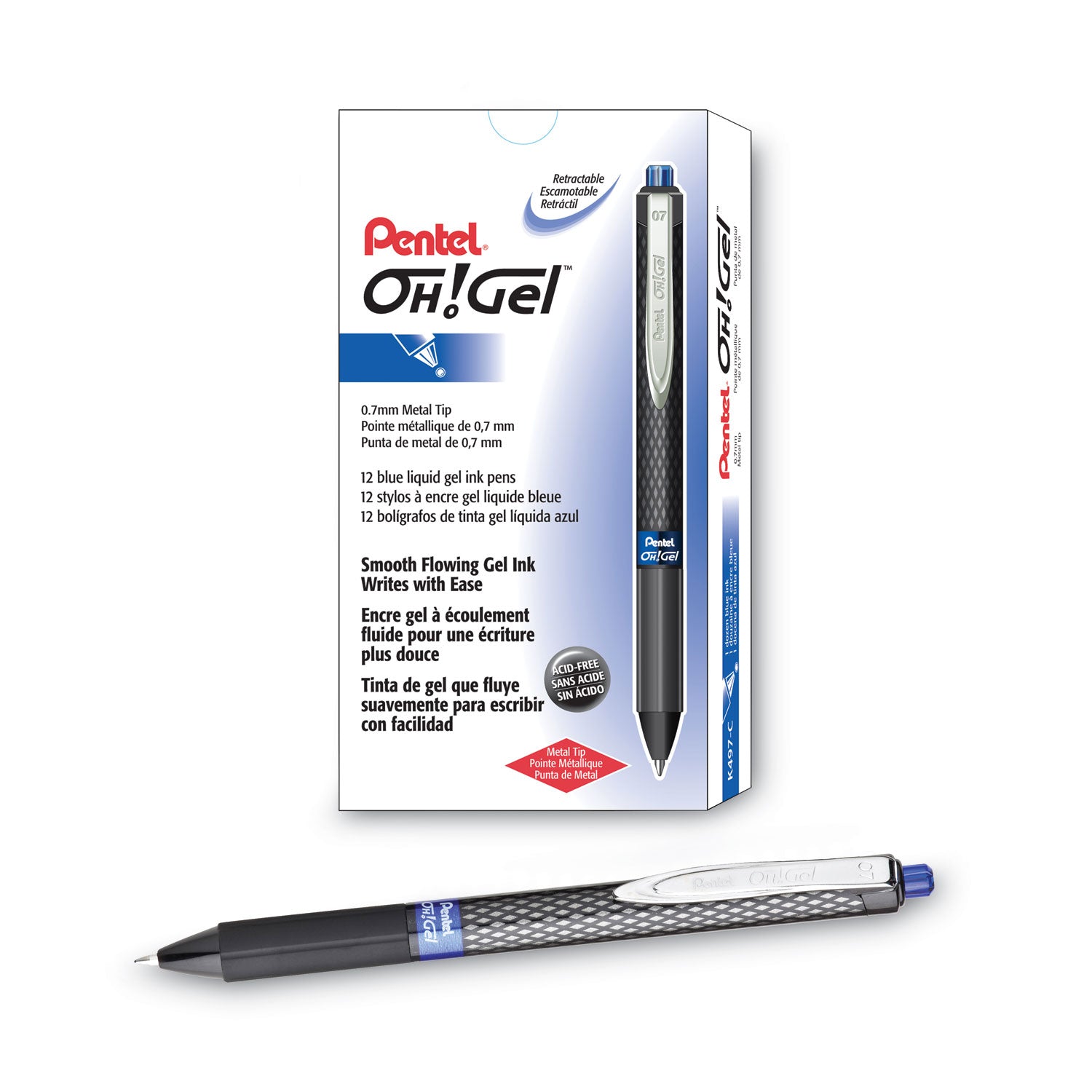 Pentel® Oh! Gel Pen, Retractable, Medium 0.7 Mm, Blue Ink, Black Barrel, Dozen