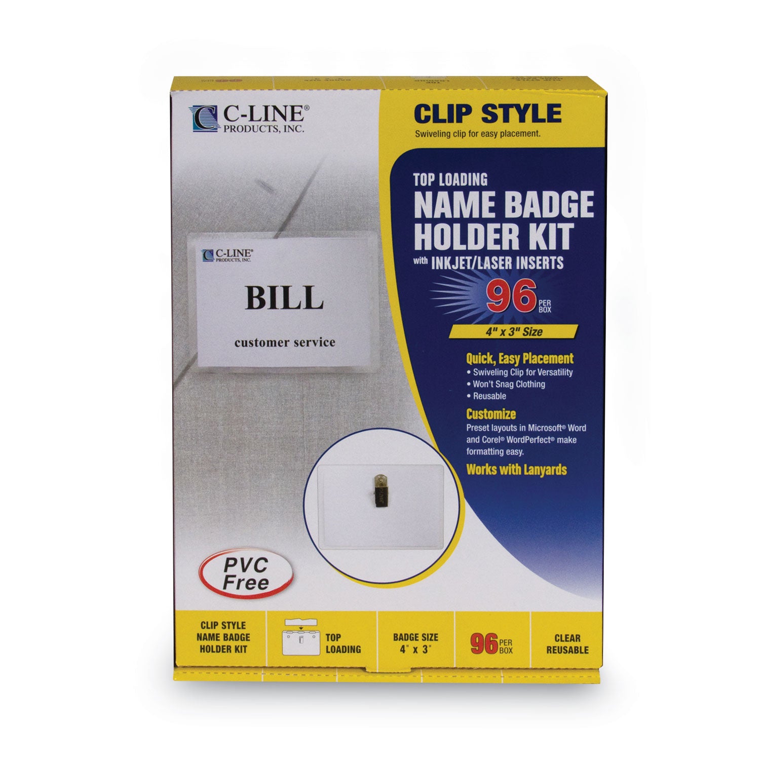C-Line® Name Badge Kits, Top Load, 4 X 3, Clear, Clip Style, 96/box