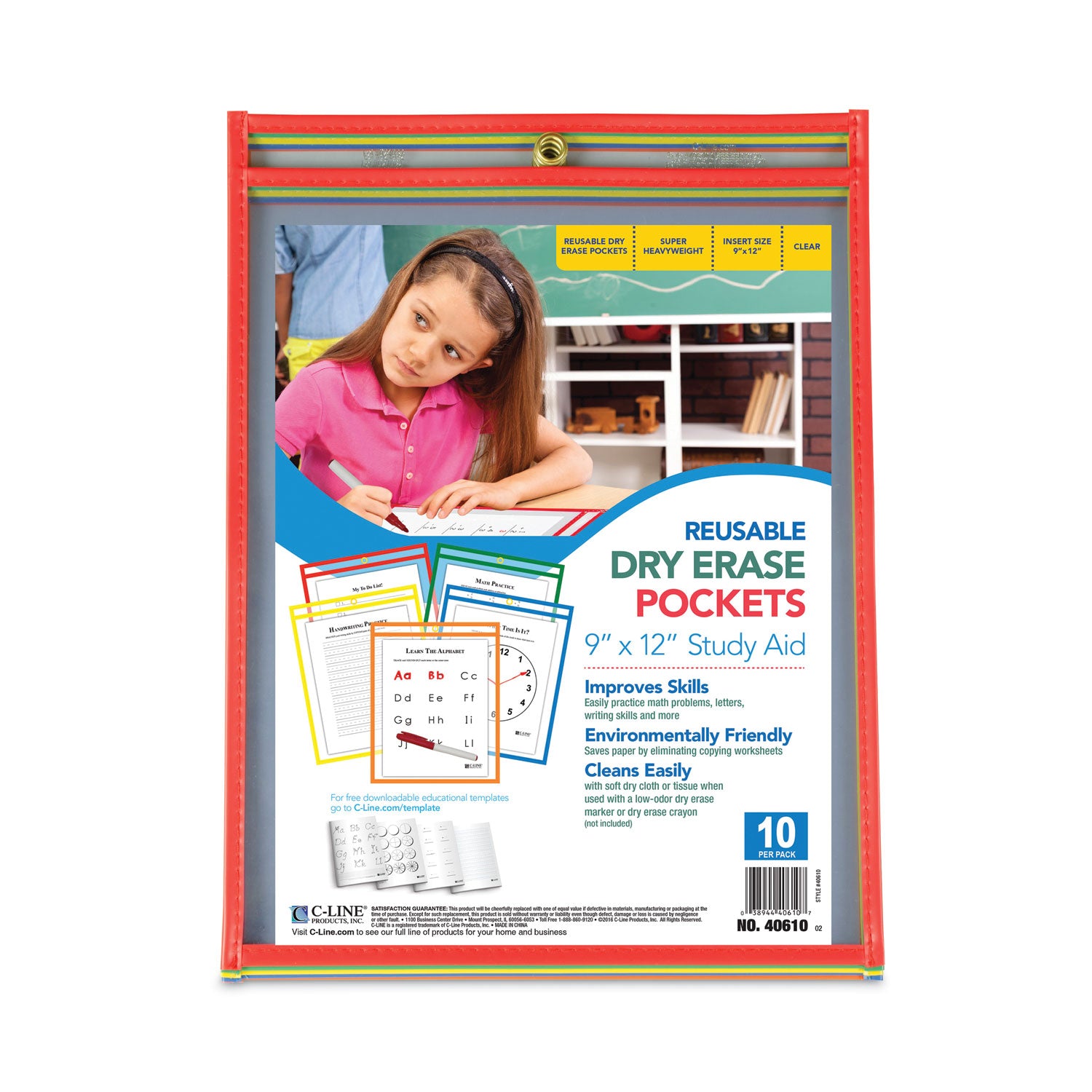 C-Line® Reusable Dry Erase Pockets, 9 X 12, Assorted Primary Colors, 10/pack