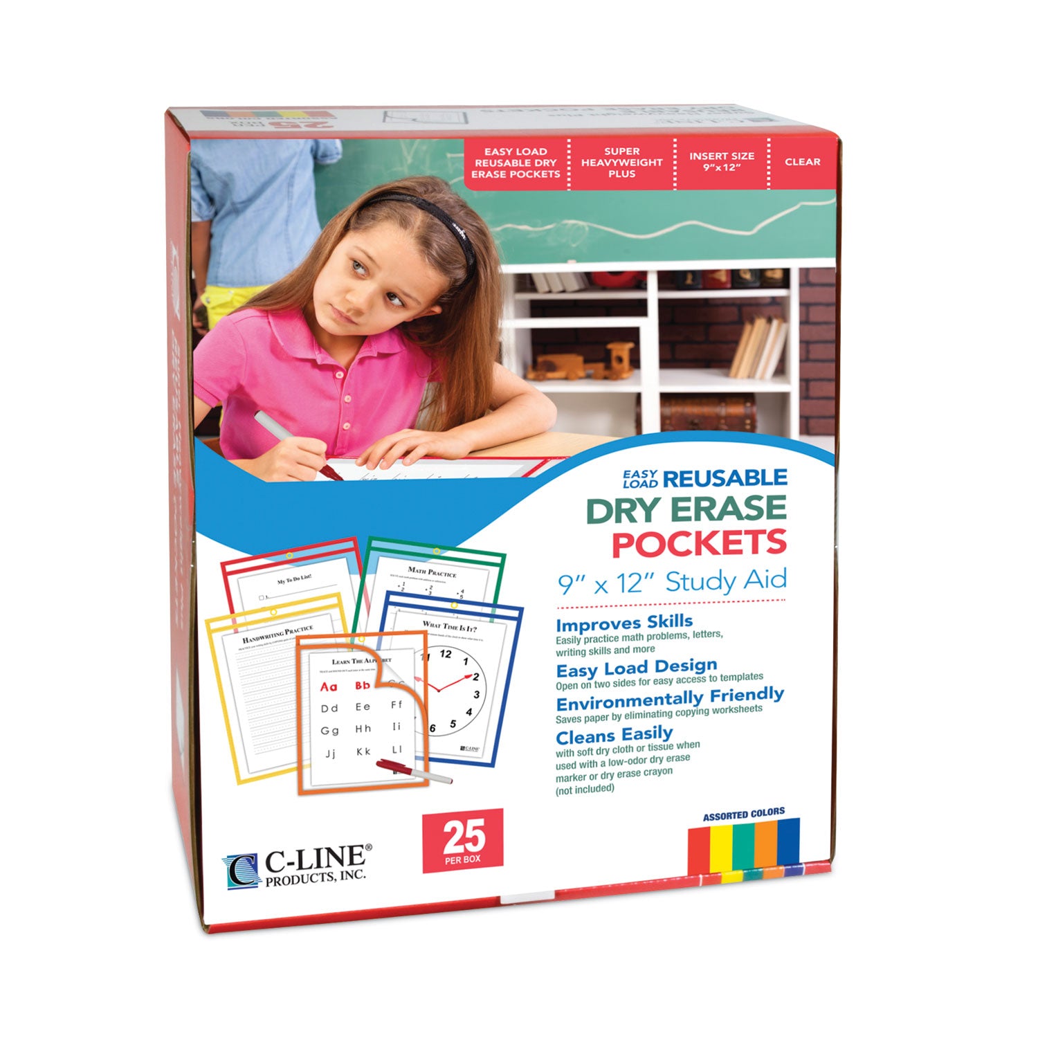C-Line® Reusable Dry Erase Pockets, Easy Load, 9 X 12, Assorted Primary Colors, 25/pack