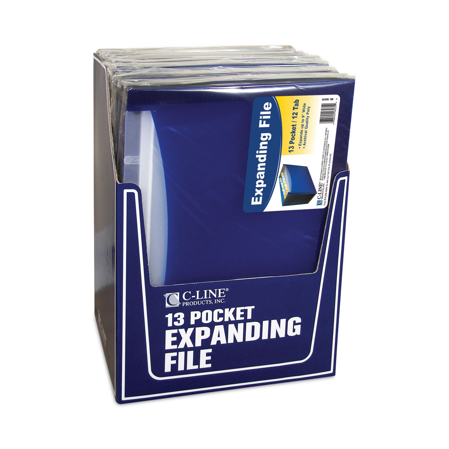 C-Line® 13-Pocket Expanding File, 9.25" Expansion, 13 Sections, 1/6-Cut Tabs, Letter Size, Blue