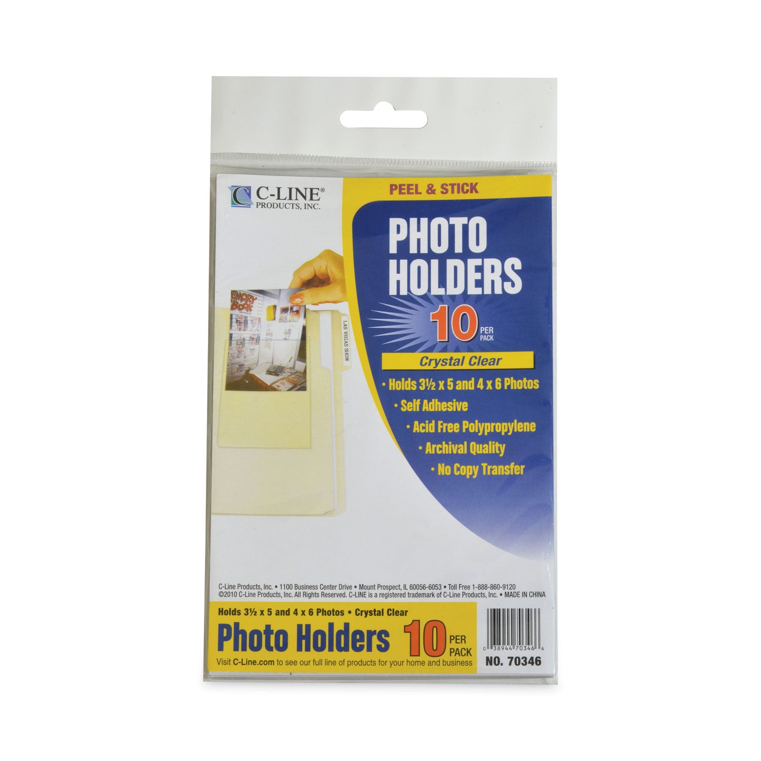C-Line® Peel and Stick Photo Holders, 4.38 x 6.5, Clear, 10/Pack