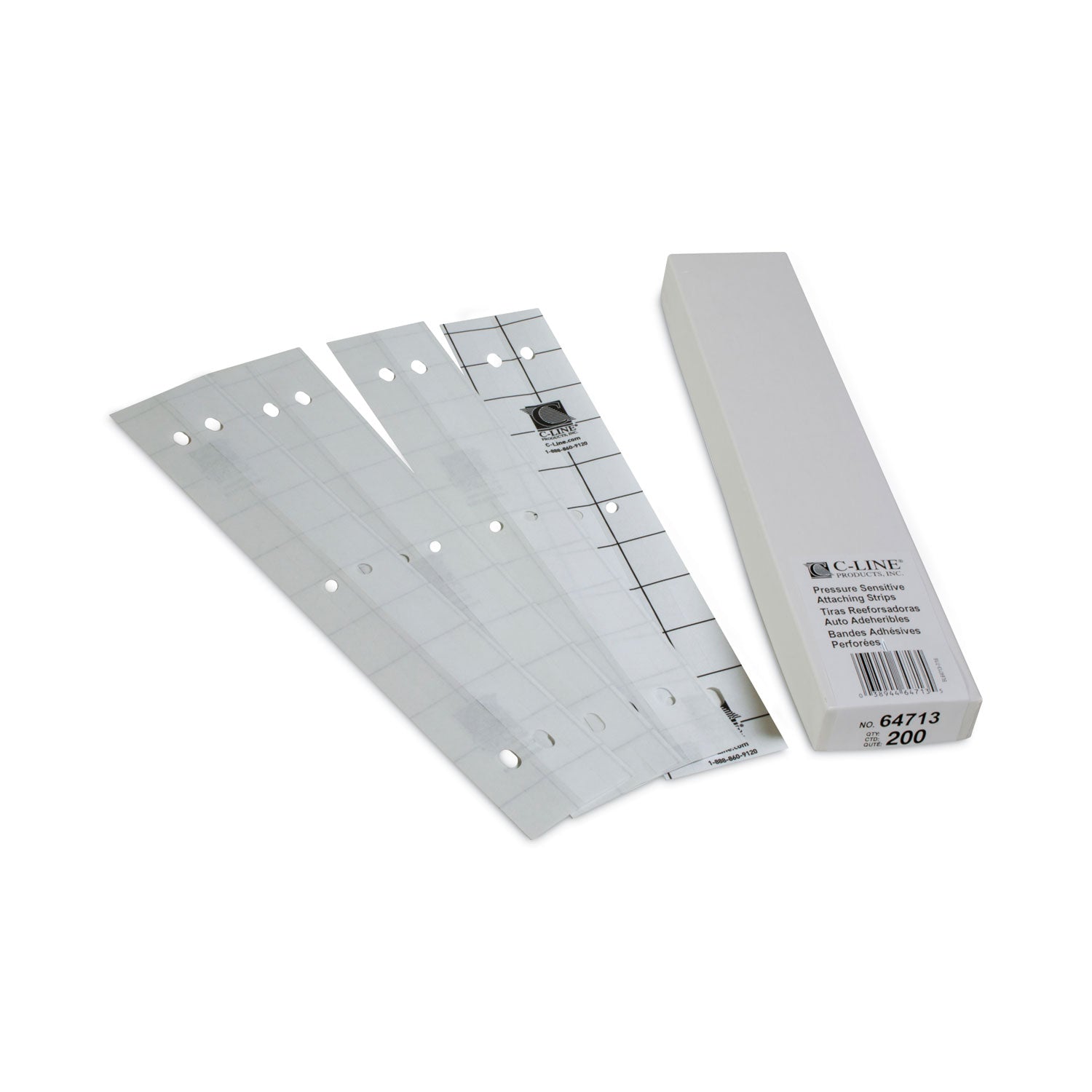 C-Line® Self-Adhesive Attaching Strips, 3-Hole Punched, 1 x 11, Clear, 200/Box