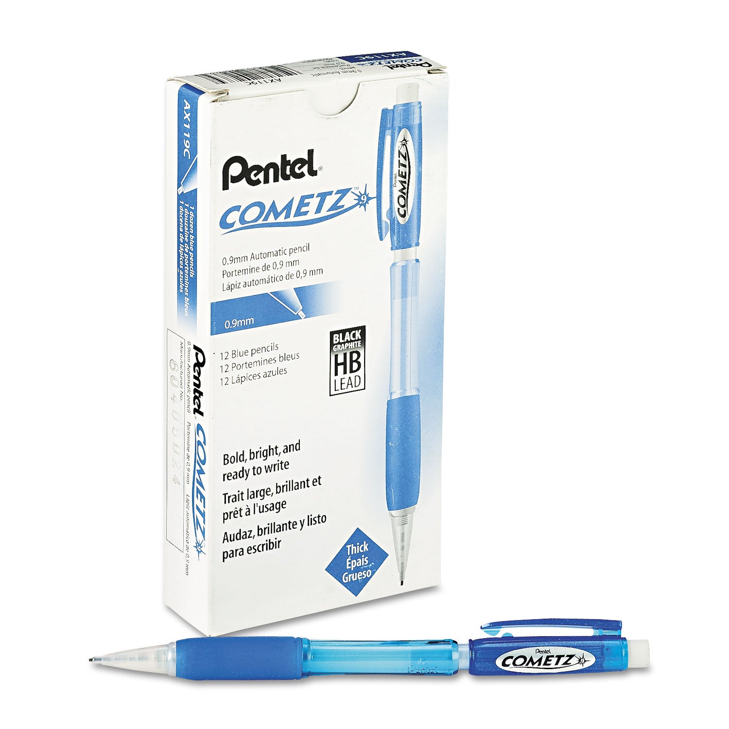 Pentel® Cometz Mechanical Pencil, 0.9 mm, HB (#2), Black Lead, Blue Barrel, Dozen