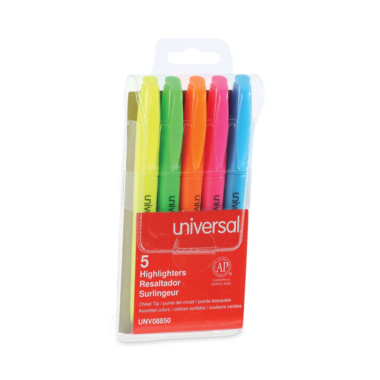 Universal™ Pocket Highlighters, Assorted Ink Colors, Chisel Tip, Assorted Barrel Colors, 5/set