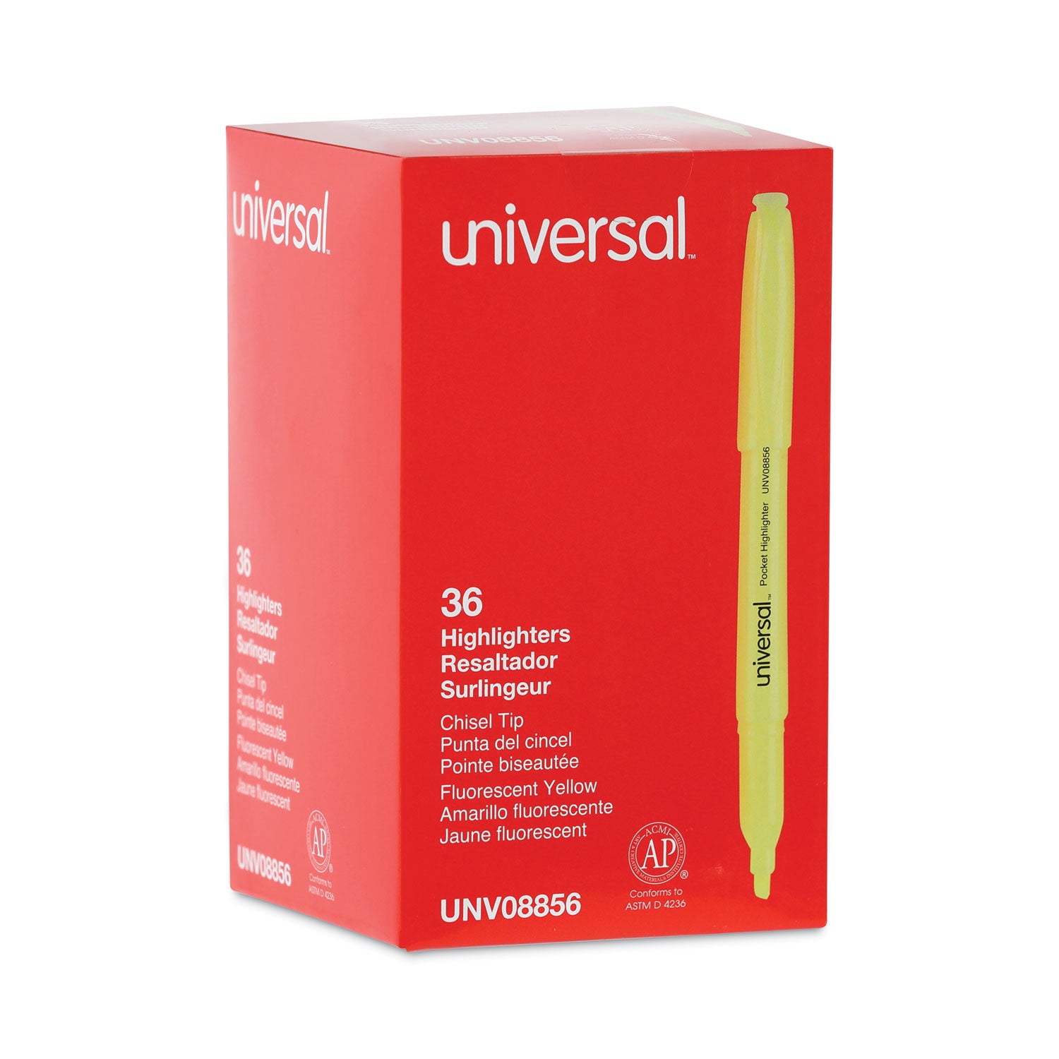 Universal™ Pocket Highlighter Value Pack, Fluorescent Yellow Ink, Chisel Tip, Yellow Barrel, 36/pack