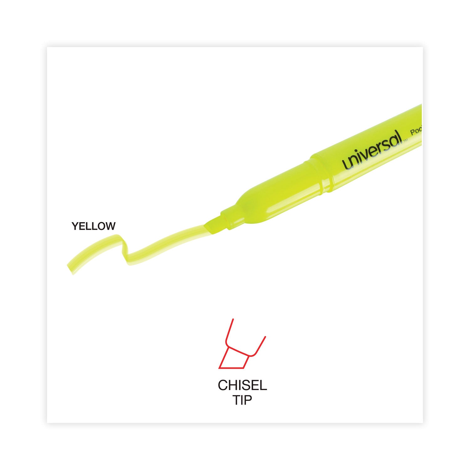 Universal™ Pocket Highlighter Value Pack, Fluorescent Yellow Ink, Chisel Tip, Yellow Barrel, 36/pack
