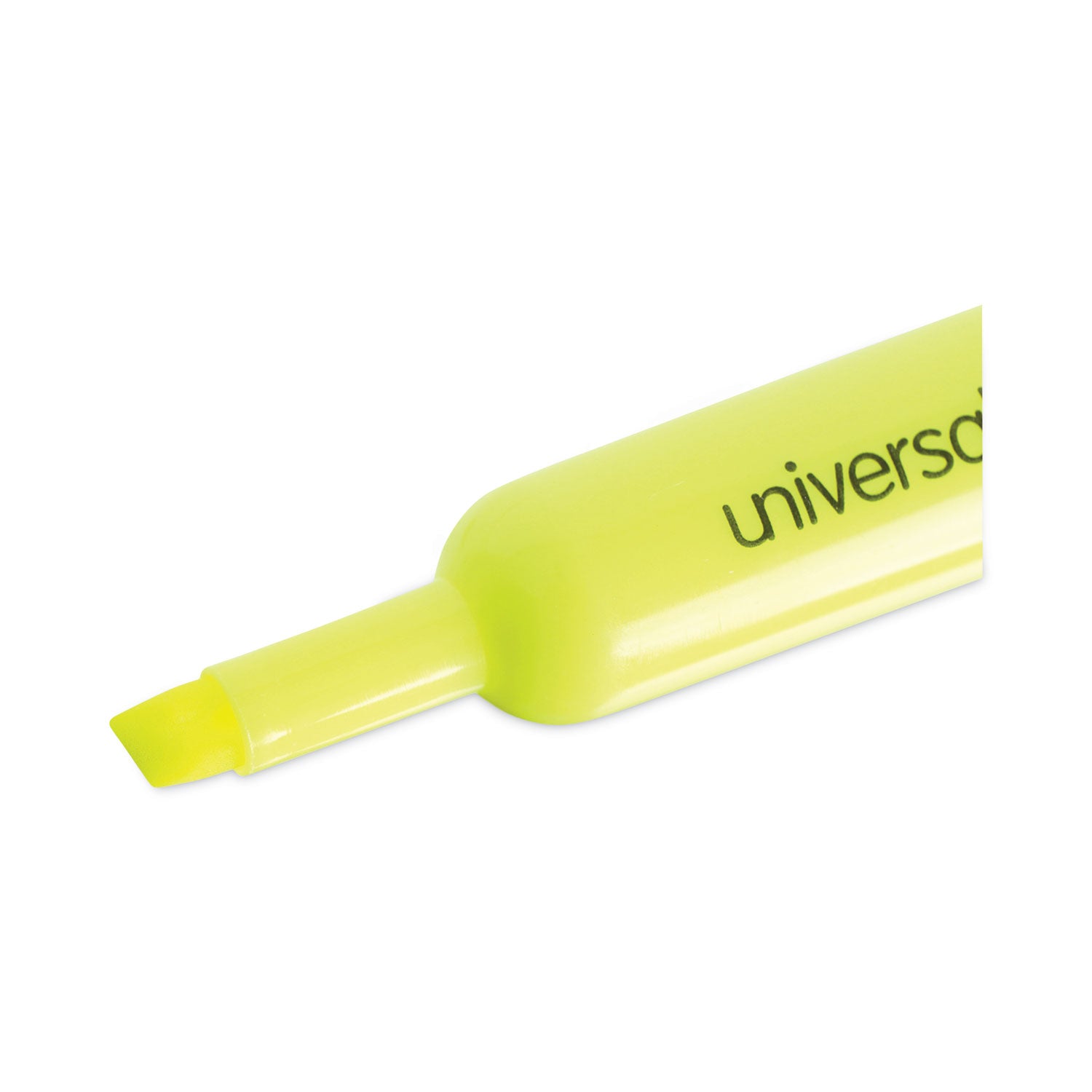 Universal™ Desk Highlighters, Fluorescent Yellow Ink, Chisel Tip, Yellow Barrel, Dozen