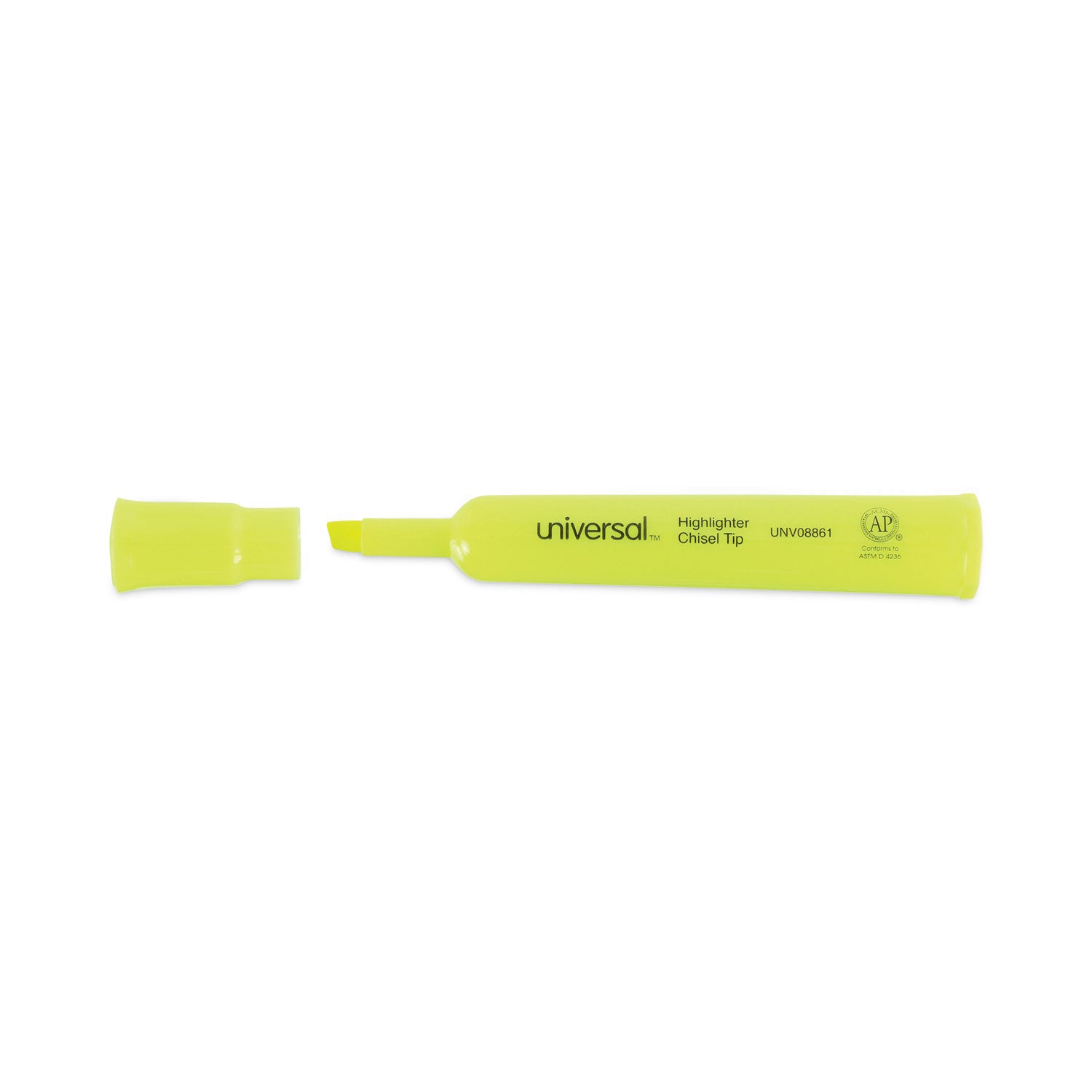 Universal™ Desk Highlighters, Fluorescent Yellow Ink, Chisel Tip, Yellow Barrel, Dozen