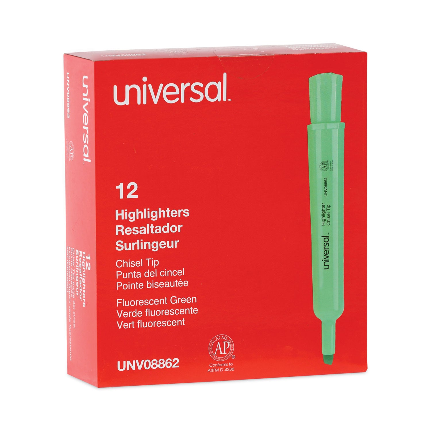 Universal™ Desk Highlighters, Fluorescent Green Ink, Chisel Tip, Green Barrel, Dozen