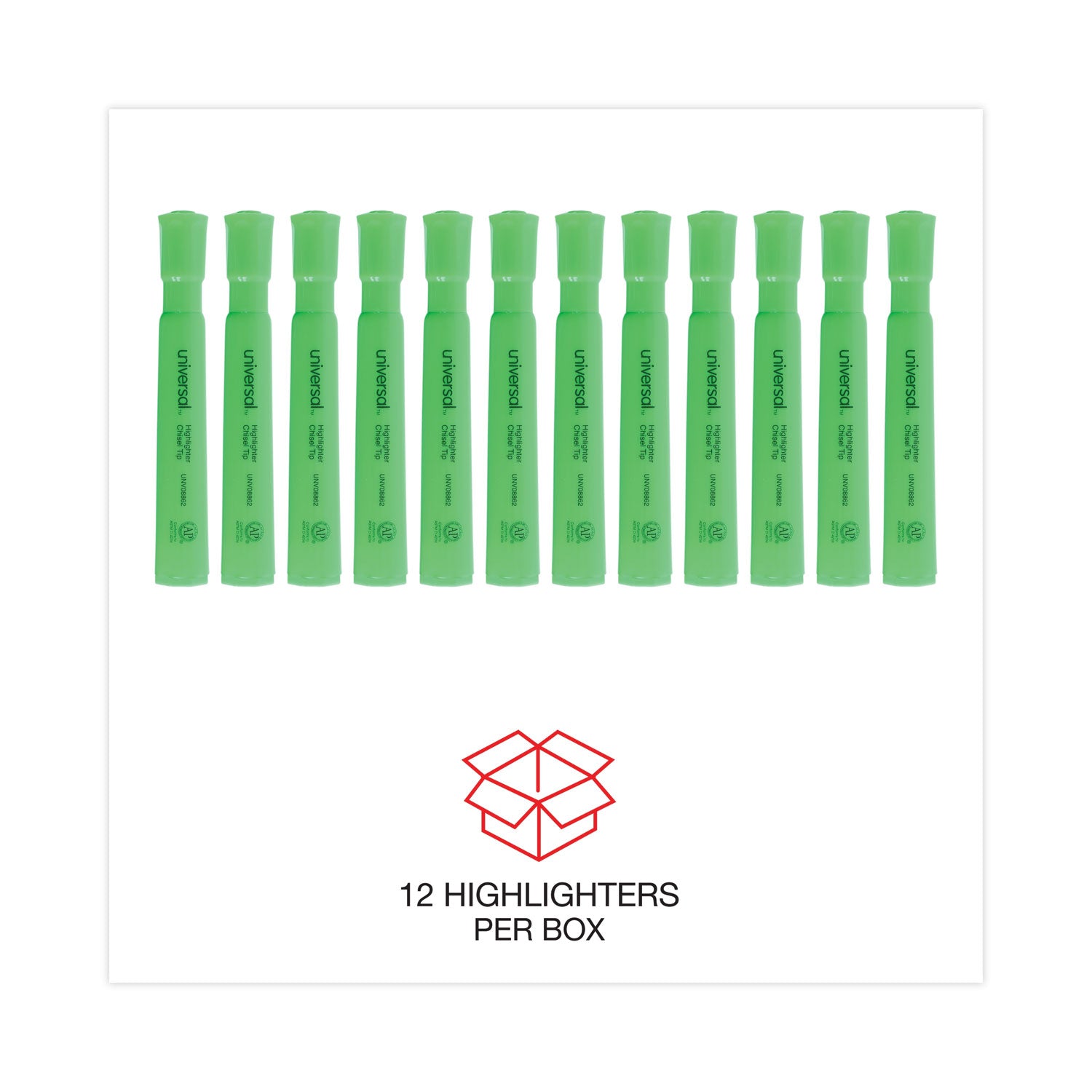 Universal™ Desk Highlighters, Fluorescent Green Ink, Chisel Tip, Green Barrel, Dozen
