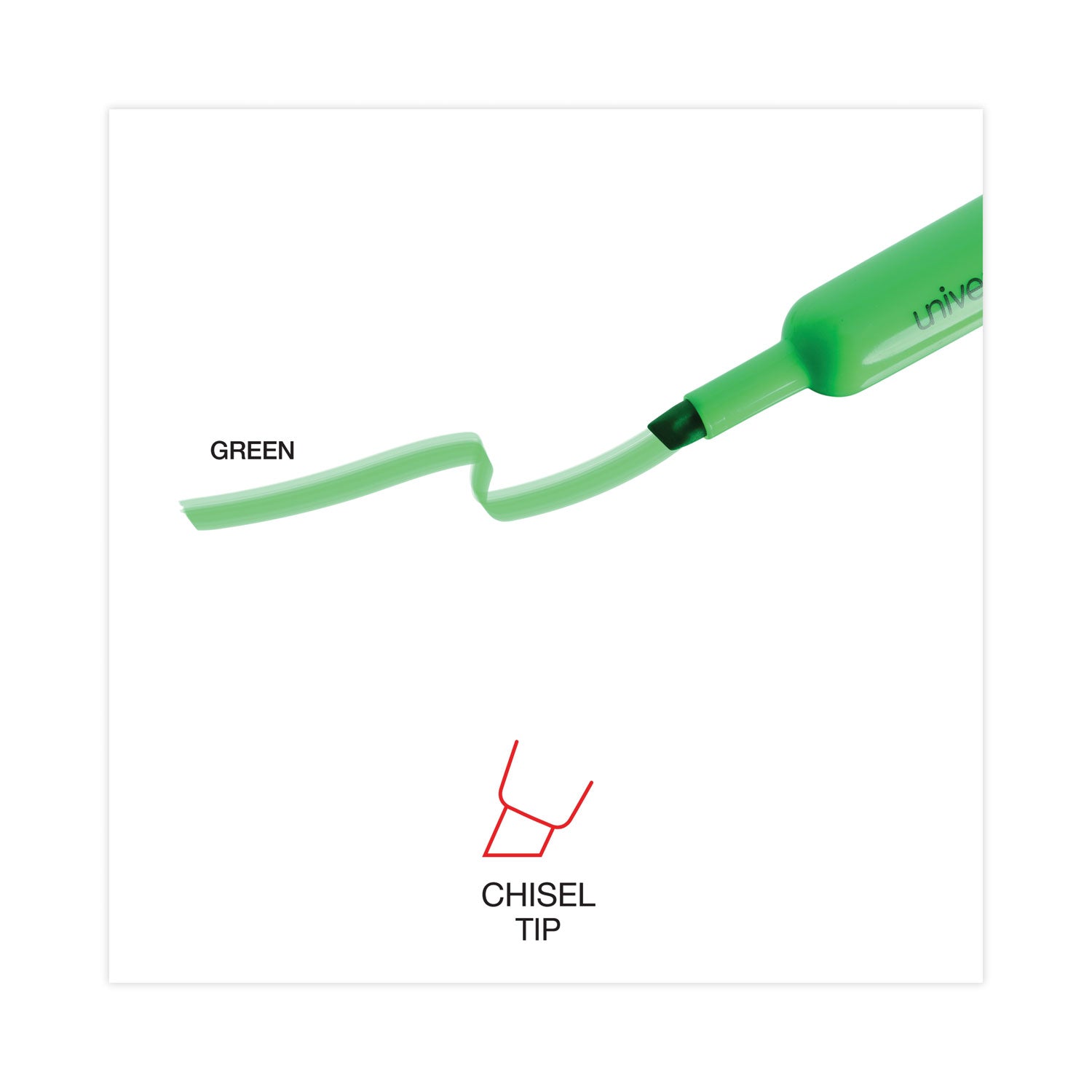 Universal™ Desk Highlighters, Fluorescent Green Ink, Chisel Tip, Green Barrel, Dozen