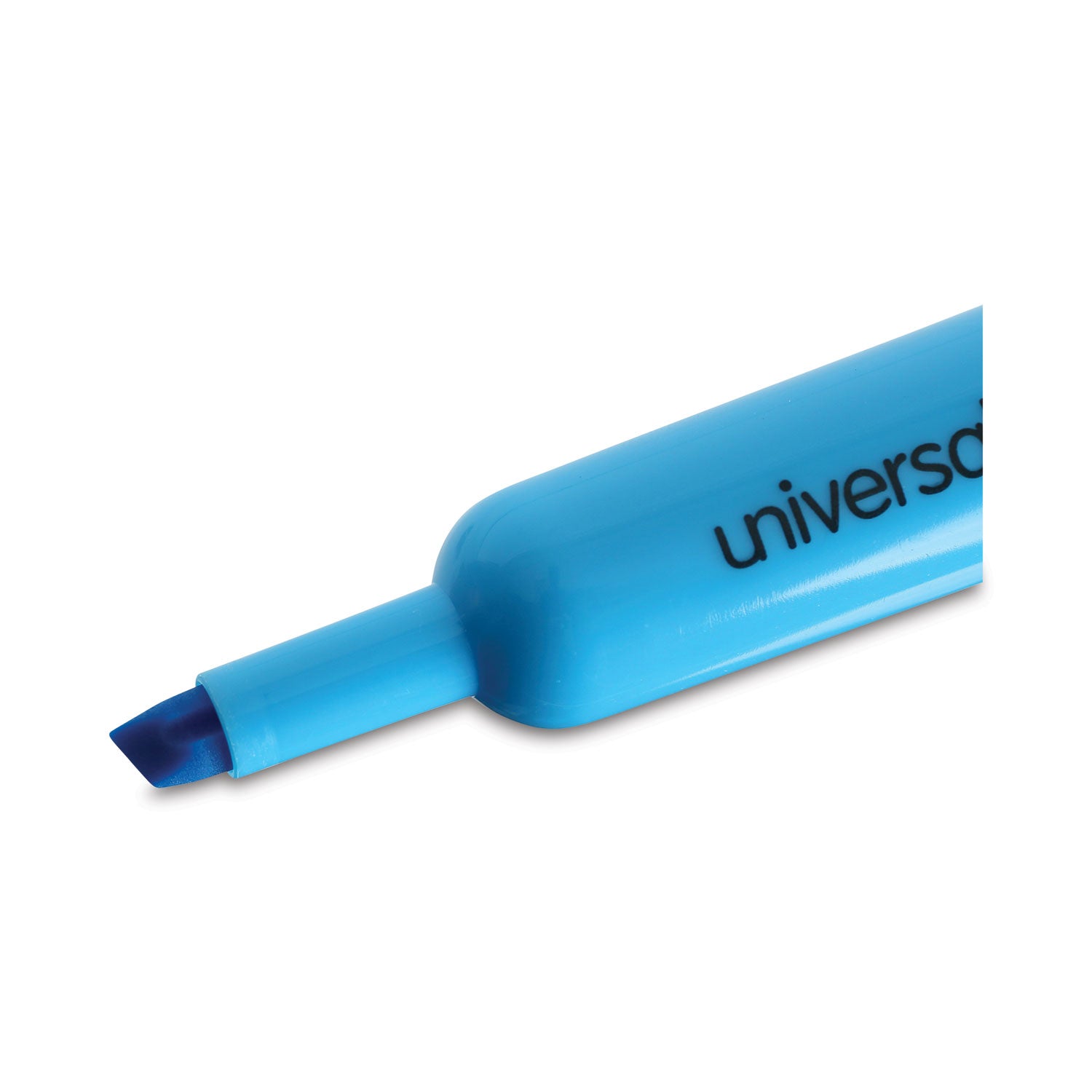 Universal™ Desk Highlighters, Fluorescent Blue Ink, Chisel Tip, Blue Barrel, Dozen