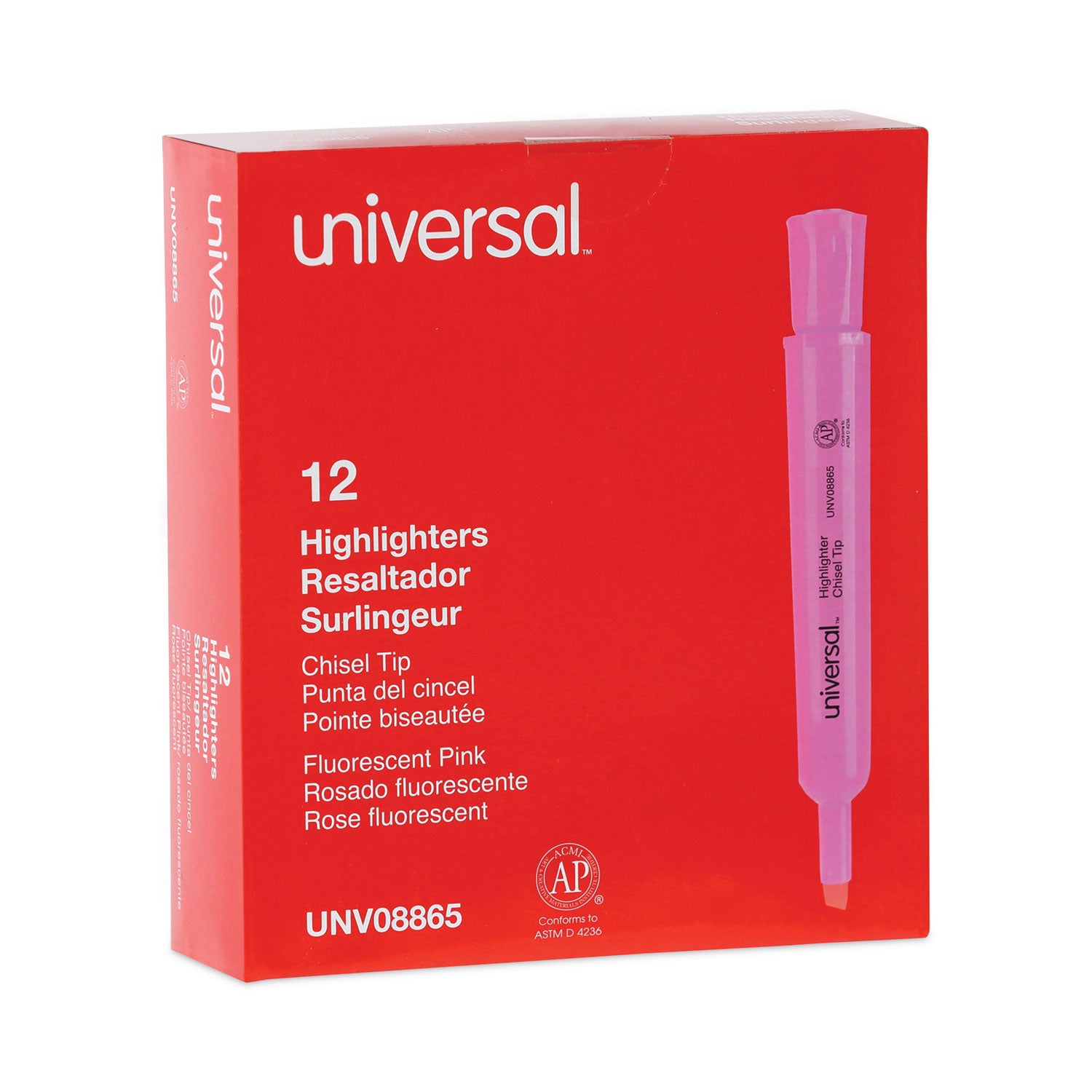 Universal™ Desk Highlighters, Fluorescent Pink Ink, Chisel Tip, Pink Barrel, Dozen