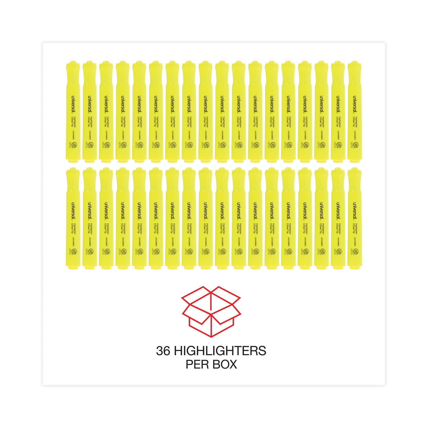 Universal™ Desk Highlighter Value Pack, Fluorescent Yellow Ink, Chisel Tip, Yellow Barrel, 36/pack