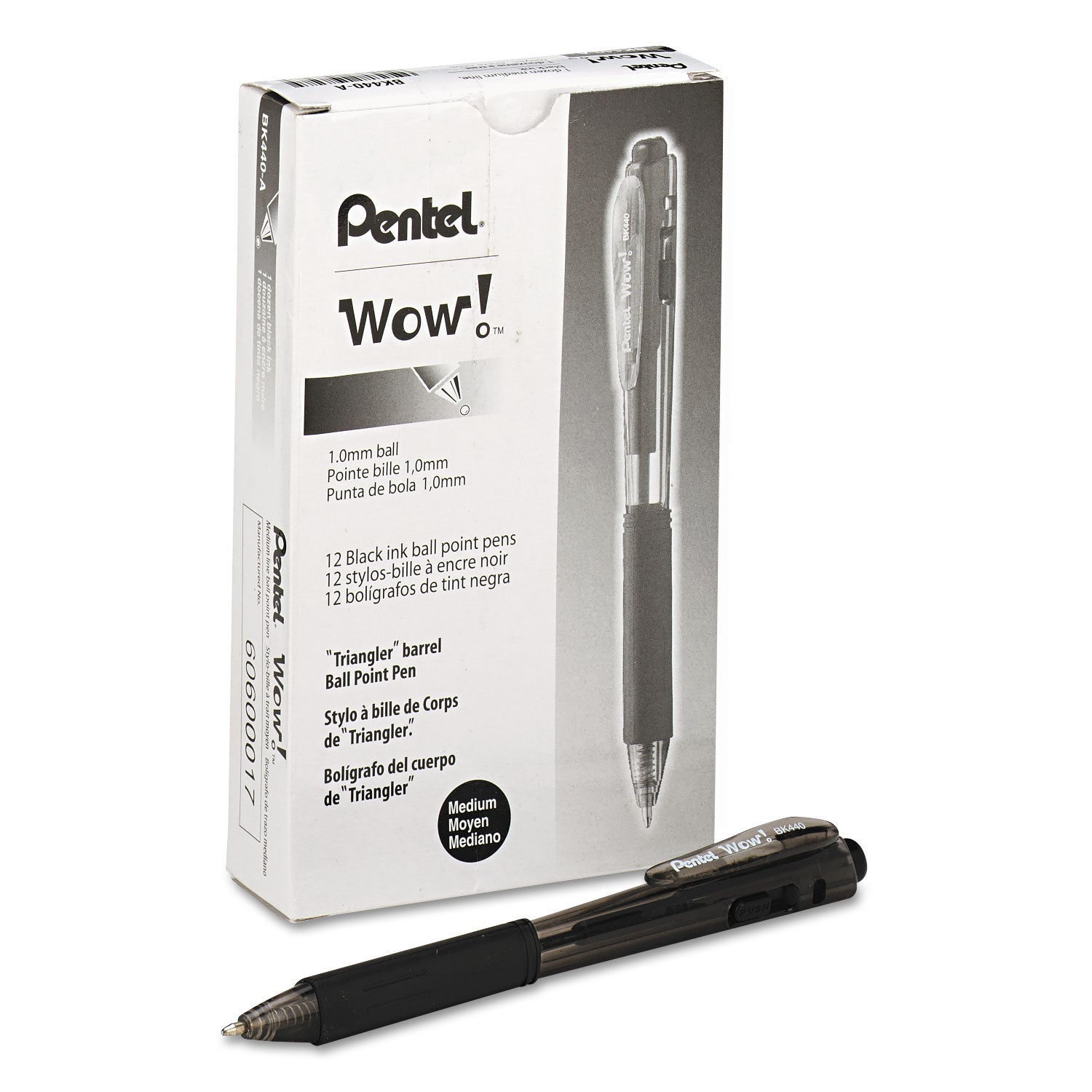 Pentel® WOW! Ballpoint Pen, Retractable, Medium 1 mm, Black Ink, Smoke/Black Barrel, Dozen