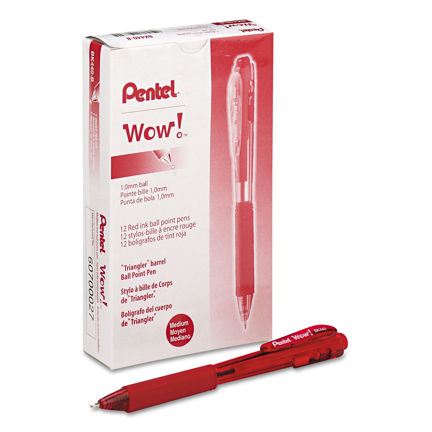 Pentel® WOW! Ballpoint Pen, Retractable, Medium 1 mm, Red Ink, Translucent Red/Red Barrel, Dozen