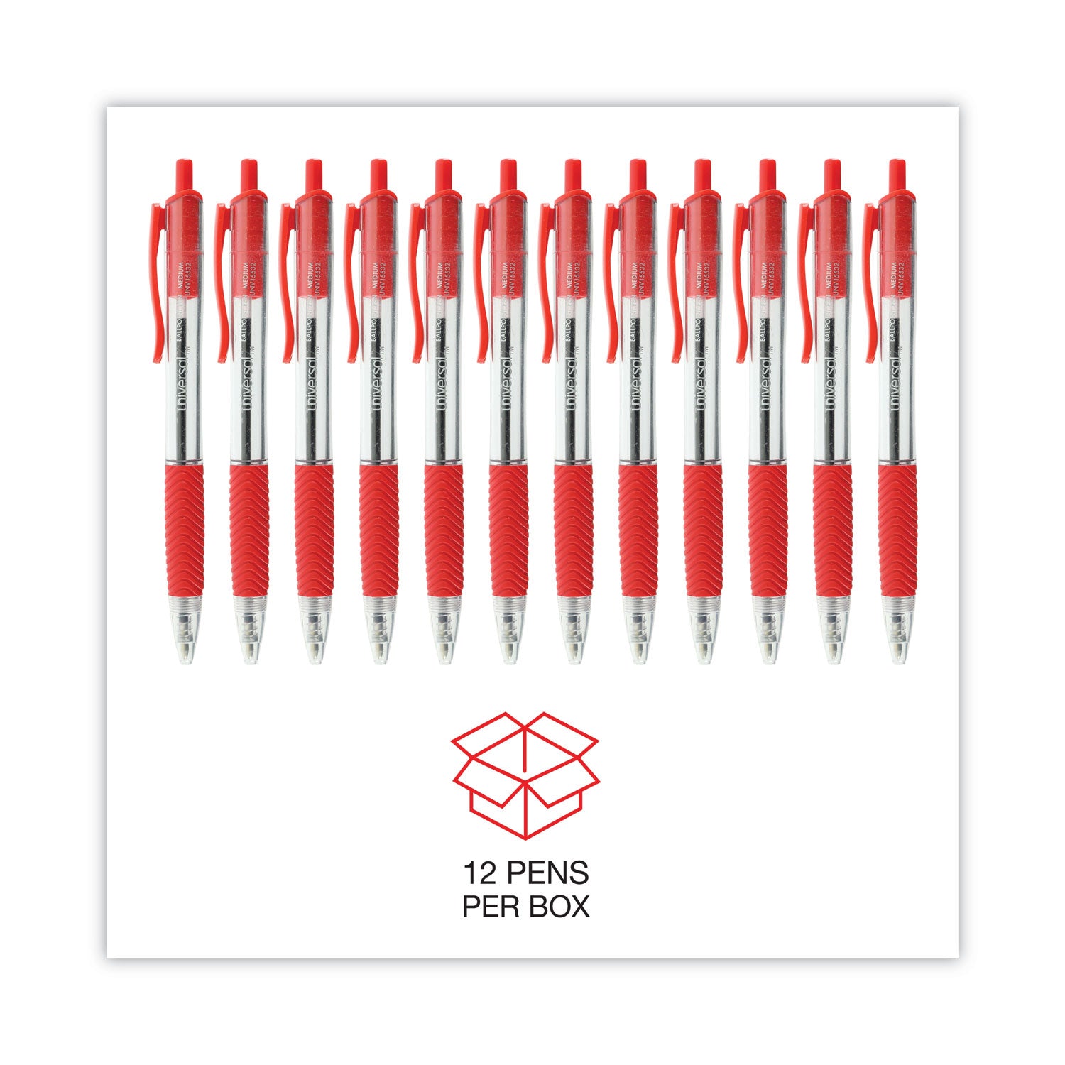 Universal™ Comfort Grip Ballpoint Pen, Retractable, Medium 1 mm, Red Ink, Clear/Red Barrel, Dozen