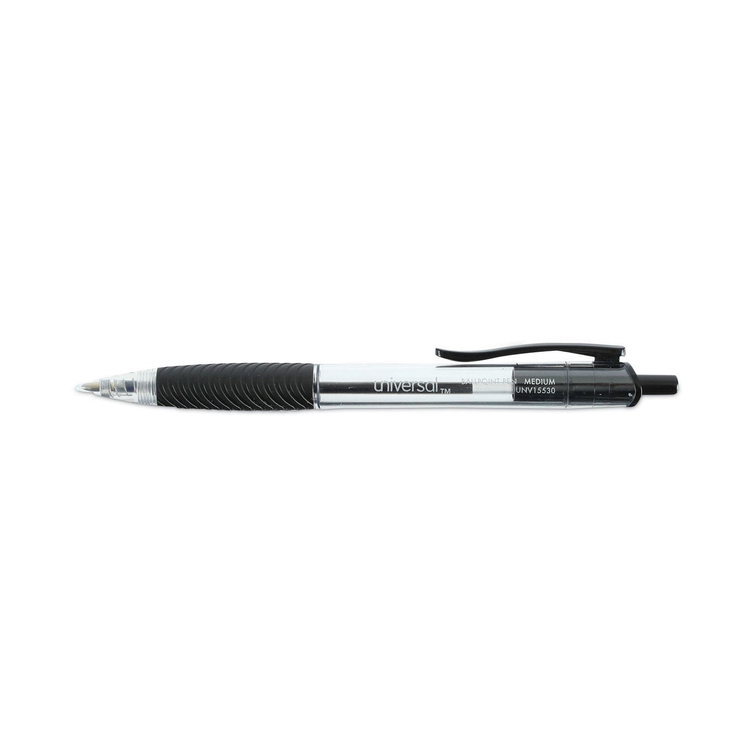 Universal™ Comfort Grip Ballpoint Pen, Retractable, Medium 1 mm, Black Ink, Clear/Black Barrel, 48/Pack