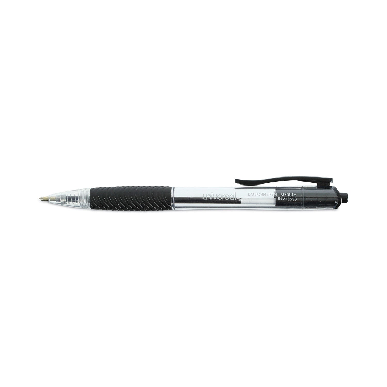 Universal™ Comfort Grip Ballpoint Pen, Retractable, Medium 1 mm, Black Ink, Clear/Black Barrel, 48/Pack