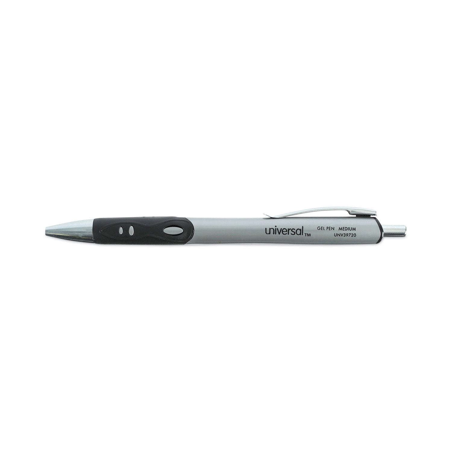 Universal™ Comfort Grip Gel Pen, Retractable, Medium 0.7 mm, Black Ink, Gray/Black/Silver Barrel, Dozen