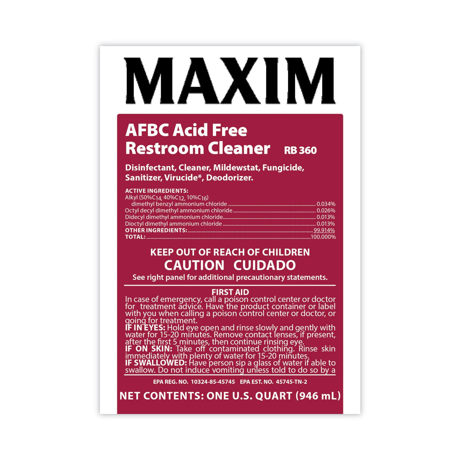 Maxim® AFBC Acid-Free Restroom Cleaner, Safe-to-Ship, Fresh Scent, 32 oz Bottle, 6/Carton
