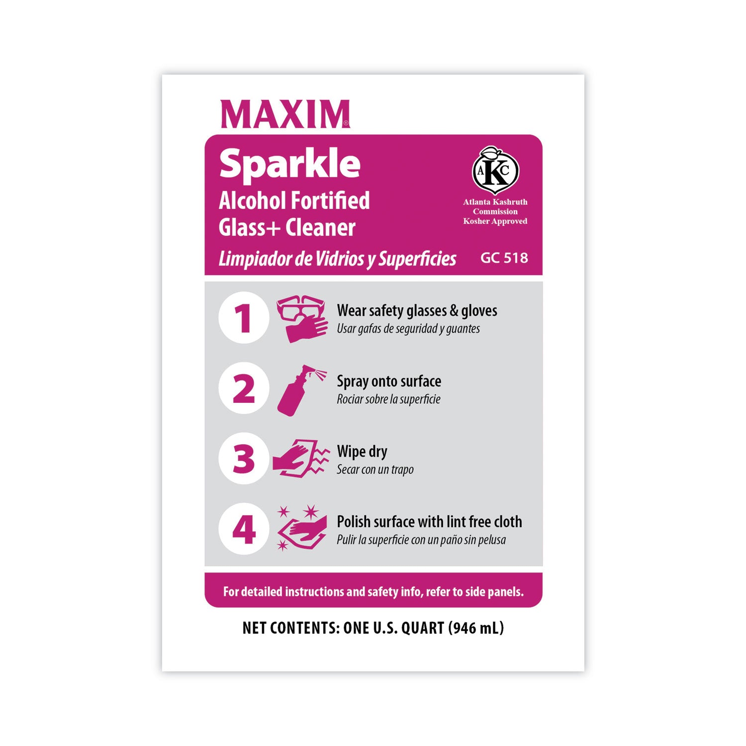 Maxim® RTU Sparkle Glass Cleaner, Safe-to-Ship, 32 oz Bottle, 6/Carton