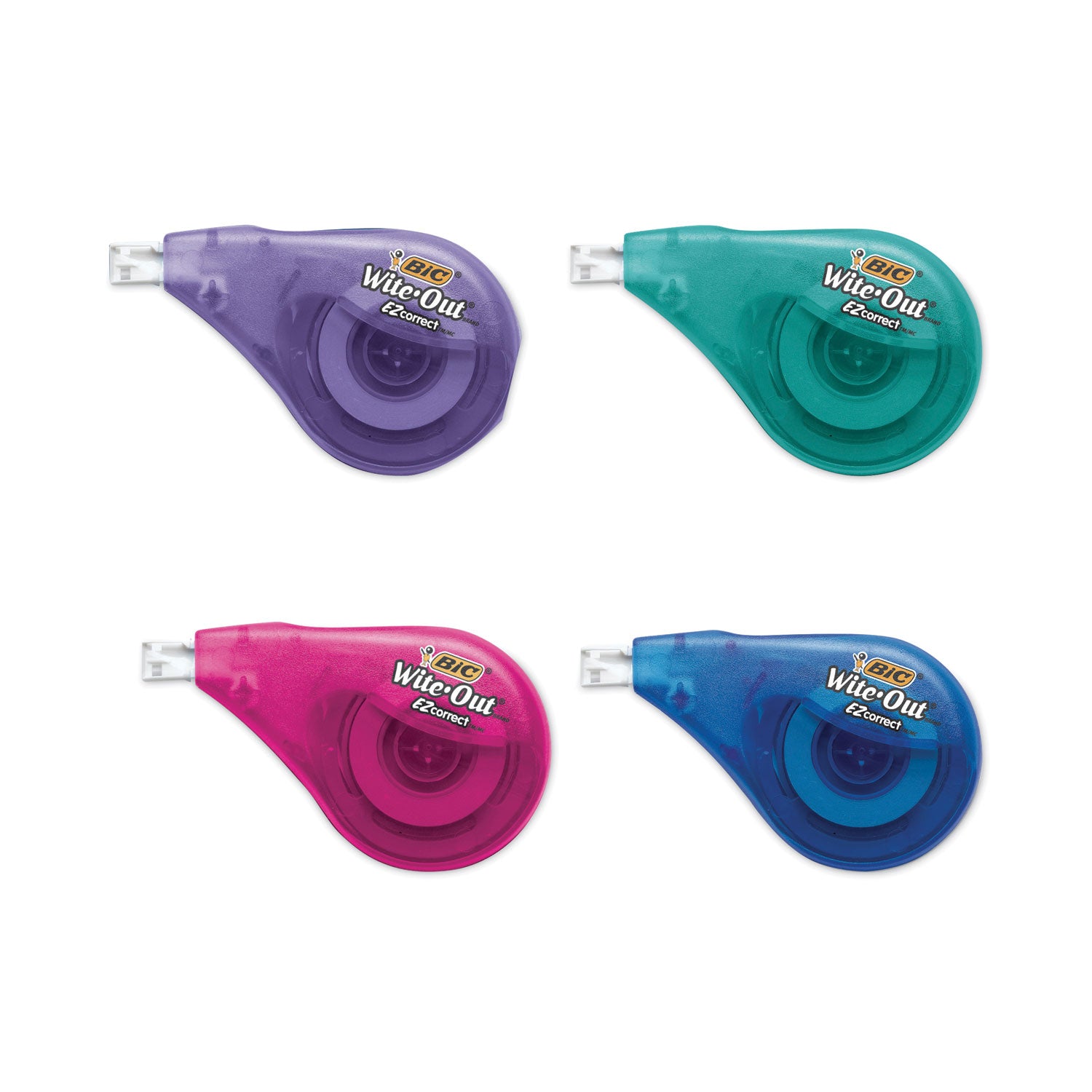 BIC® Wite-Out EZ Correct Correction Tape, Non-Refillable, Randomly Assorted Applicator Colors, 0.17" x 400", 4/Pack