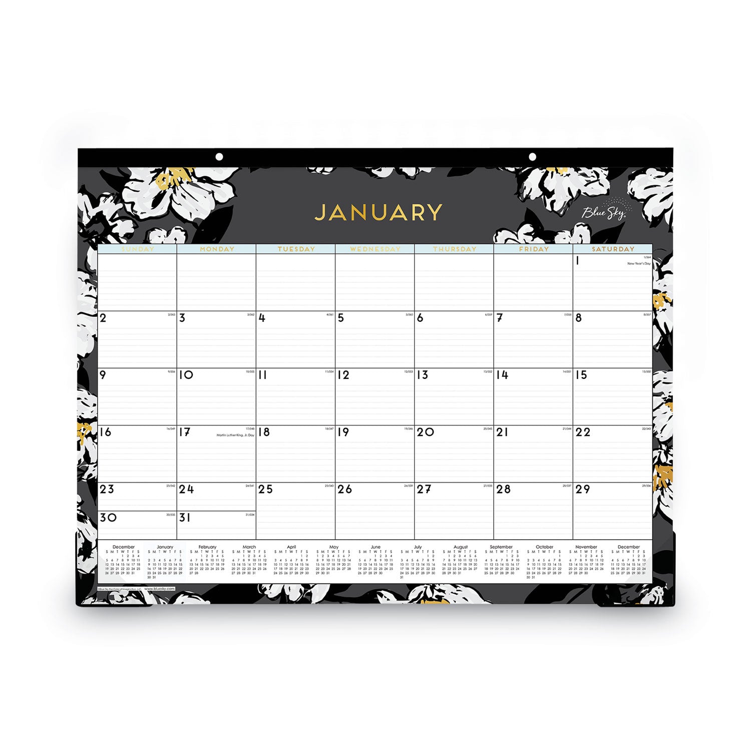 Blue Sky® Baccara Dark Desk Pad, Floral Artwork, 22 x 17, White/Black/Gold Sheets, Black Binding, 12-Month (Jan to Dec): 2025