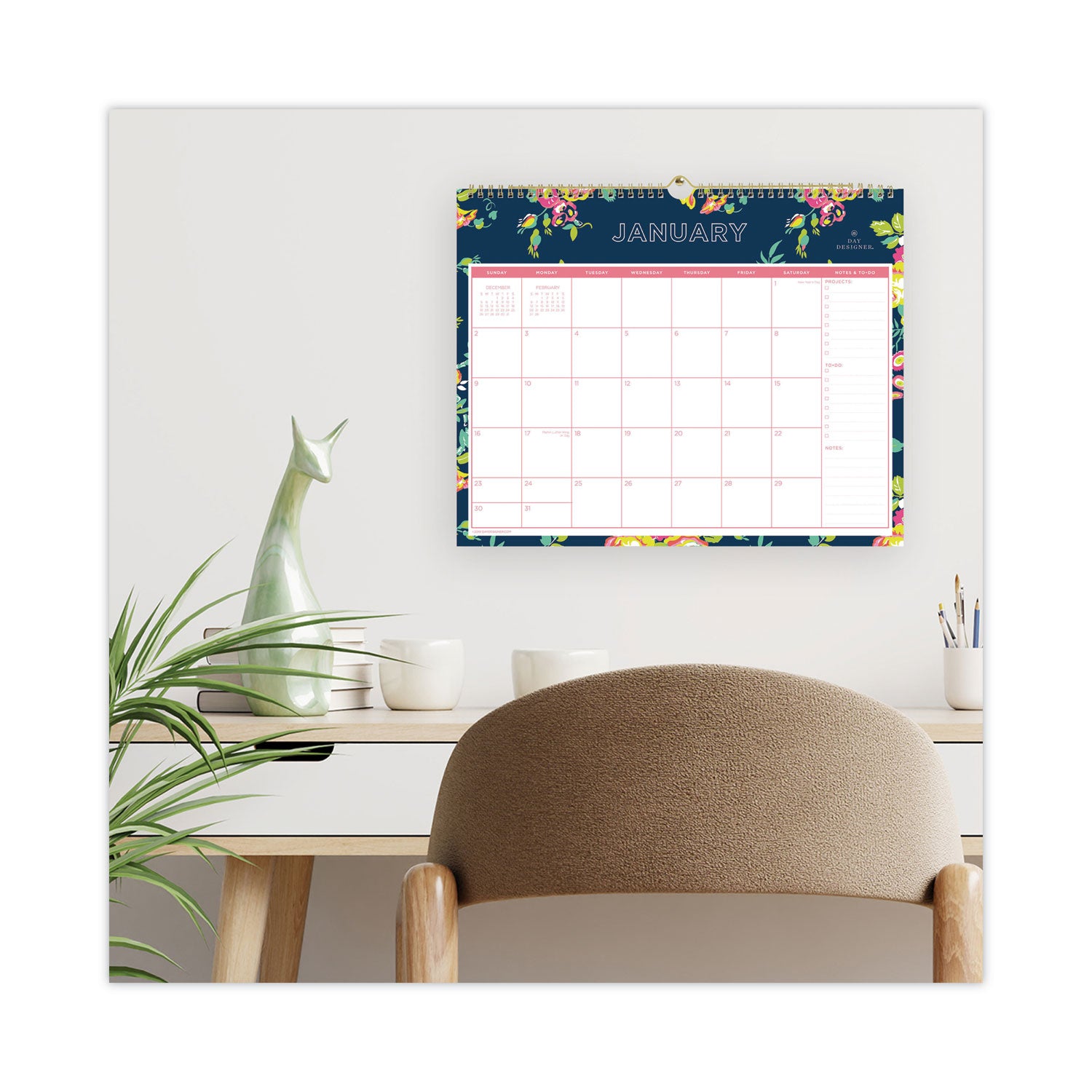 Blue Sky® Day Designer Peyton Wall Calendar, Floral Artwork, 15 x 12, White/Navy Sheets, 12-Month (Jan to Dec): 2025