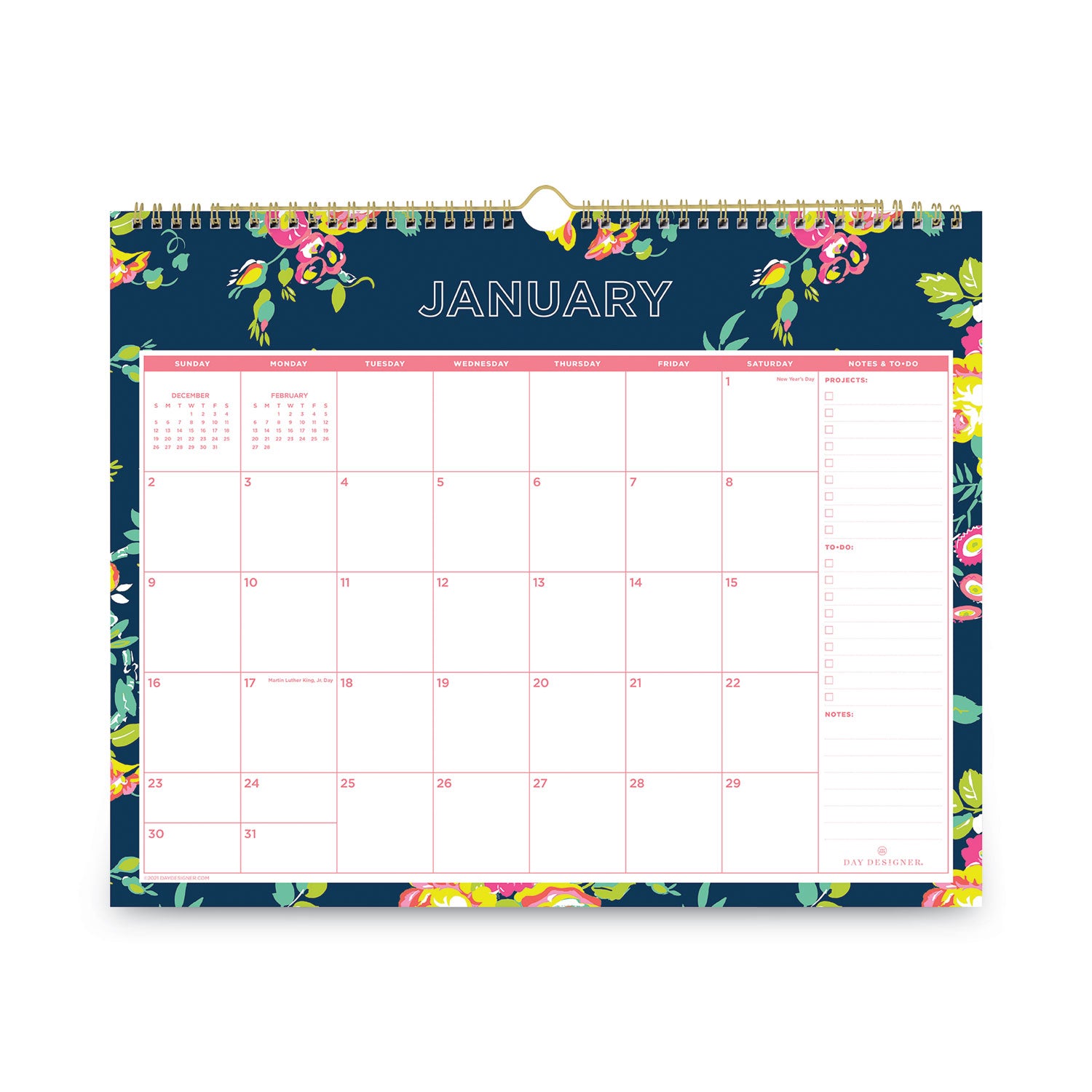 Blue Sky® Day Designer Peyton Wall Calendar, Floral Artwork, 15 x 12, White/Navy Sheets, 12-Month (Jan to Dec): 2025
