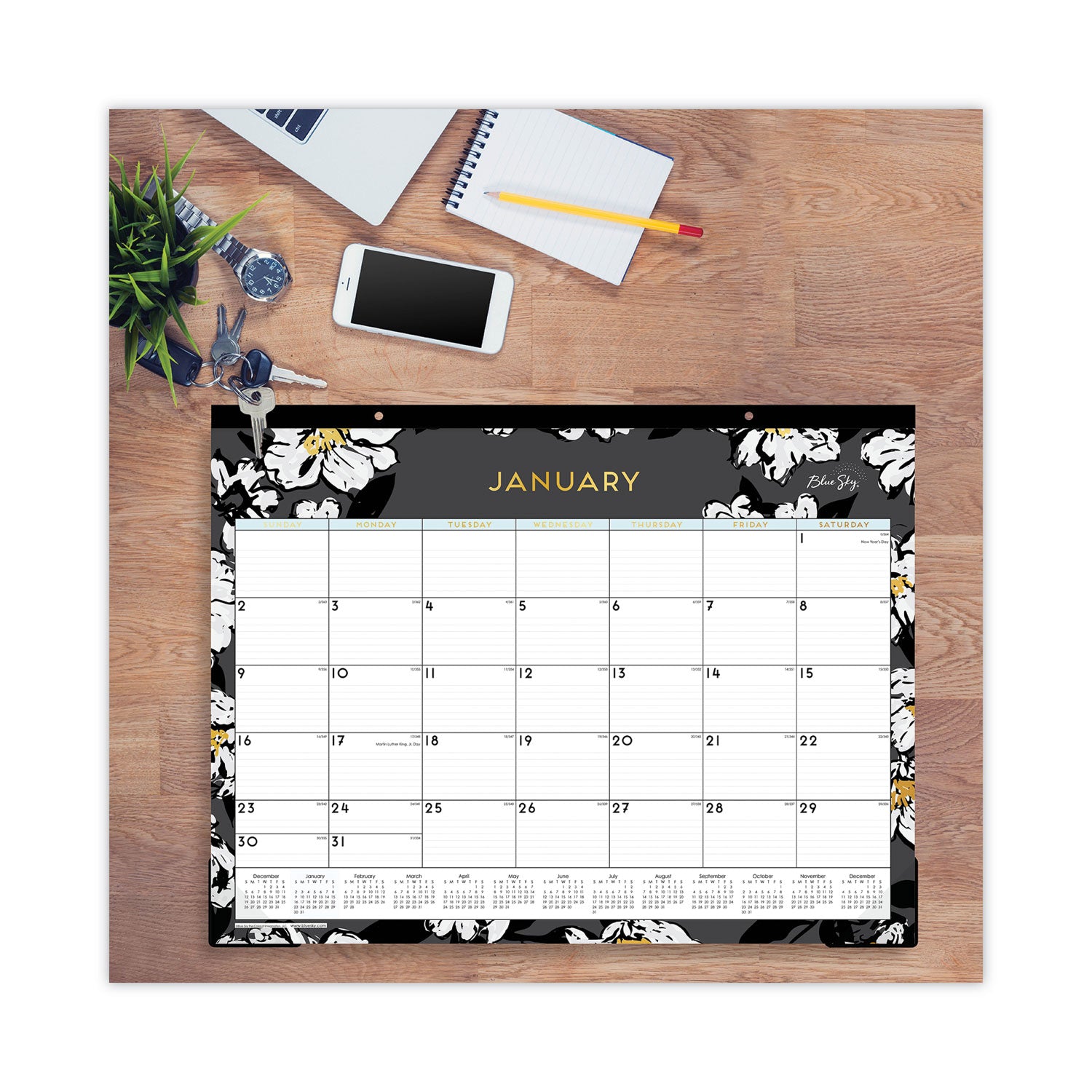 Blue Sky® Baccara Dark Desk Pad, Floral Artwork, 22 x 17, White/Black/Gold Sheets, Black Binding, 12-Month (Jan to Dec): 2025