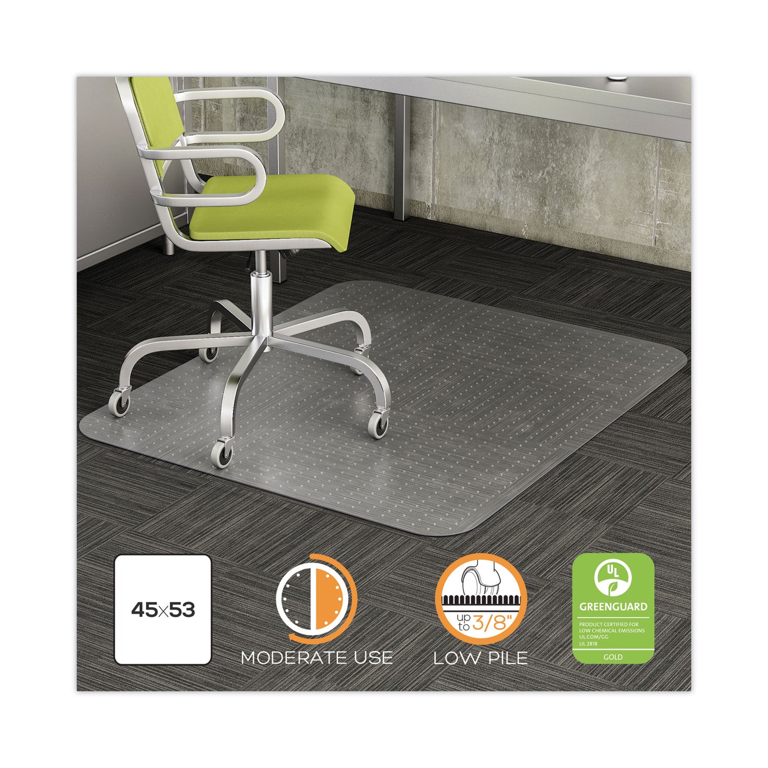 deflecto® Duramat Moderate Use Chair Mat, Low Pile Carpet, Flat, 45 X 53, Rectangle, Clear