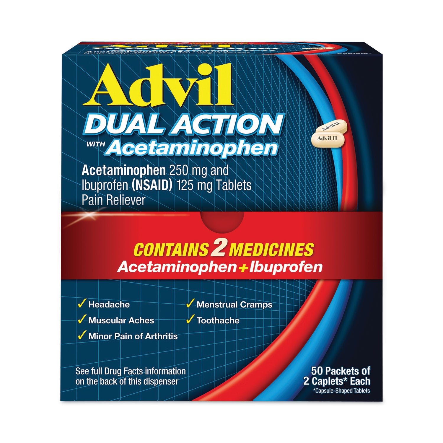 Advil® Dual Action with Acetaminophen and Ibuprofen Caplets, 50 Packets of 2 Caplets