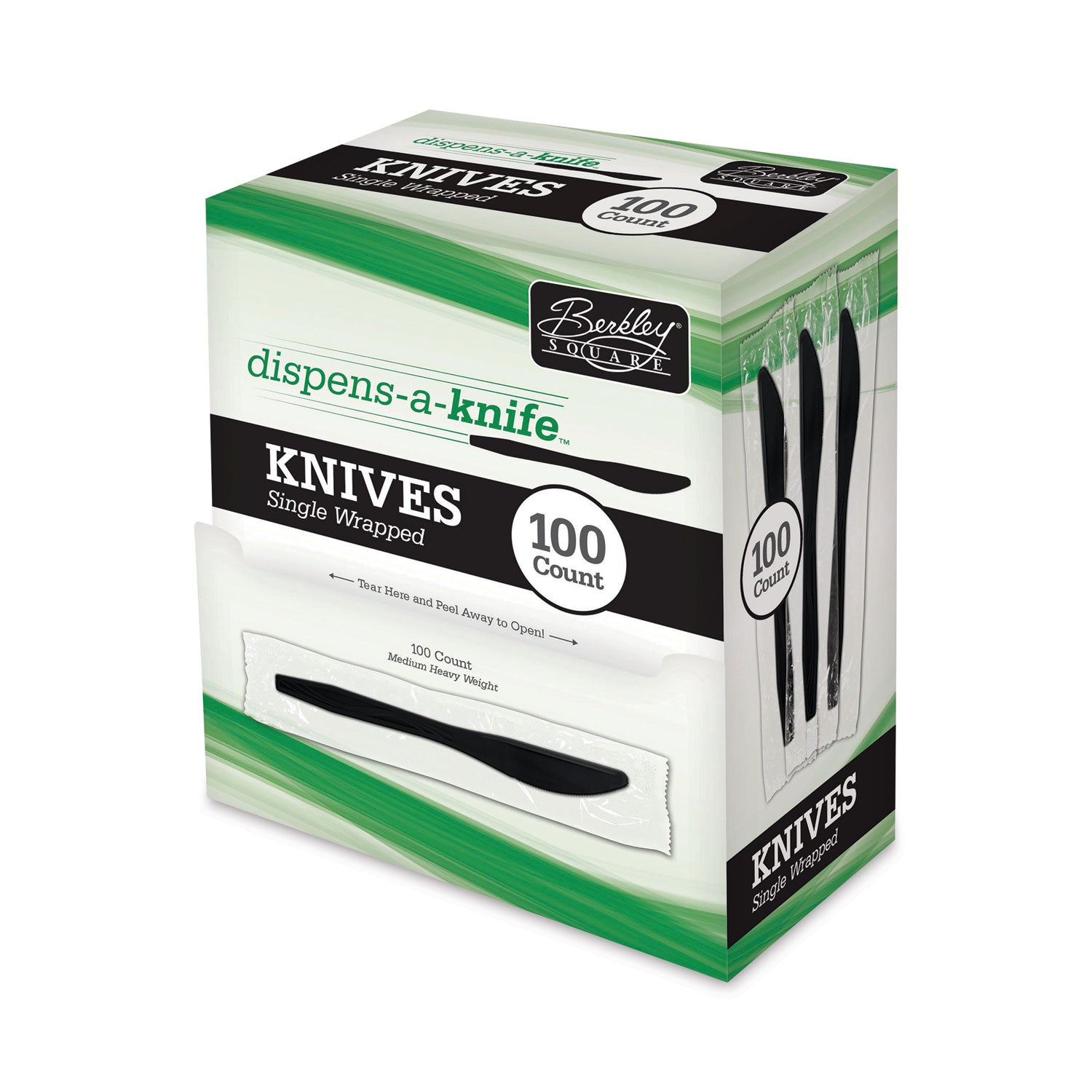 Berkley Square Dispens-a-Knife, Individually Wrapped, Mediumweight Knife, Plastic, Black, 100/Box