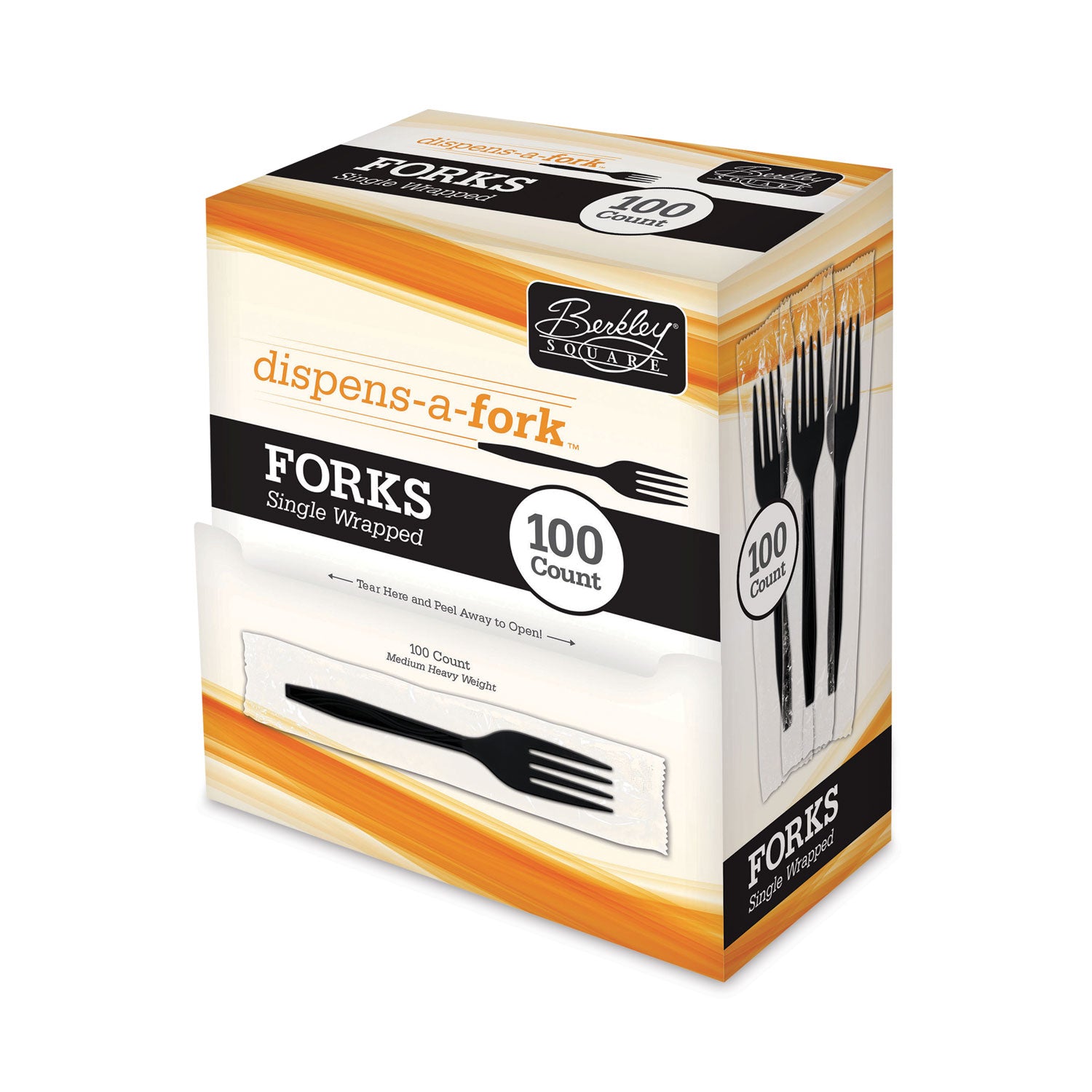 Berkley Square Dispens-a-Fork, Individually Wrapped, Mediumweight Fork, Plastic, Black, 100/Box