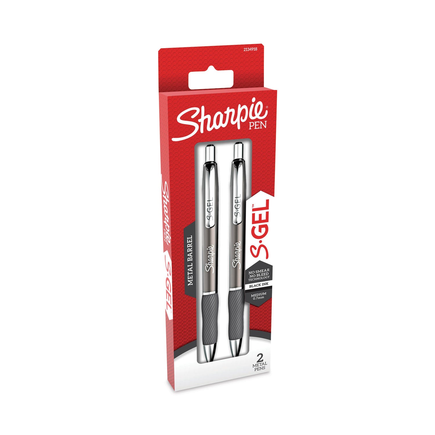 Sharpie® S-Gel™ S-Gel Premium Metal Barrel Gel Pen, Retractable, Medium 0.7 mm, Black Ink, Black Barrel, 2/Pack
