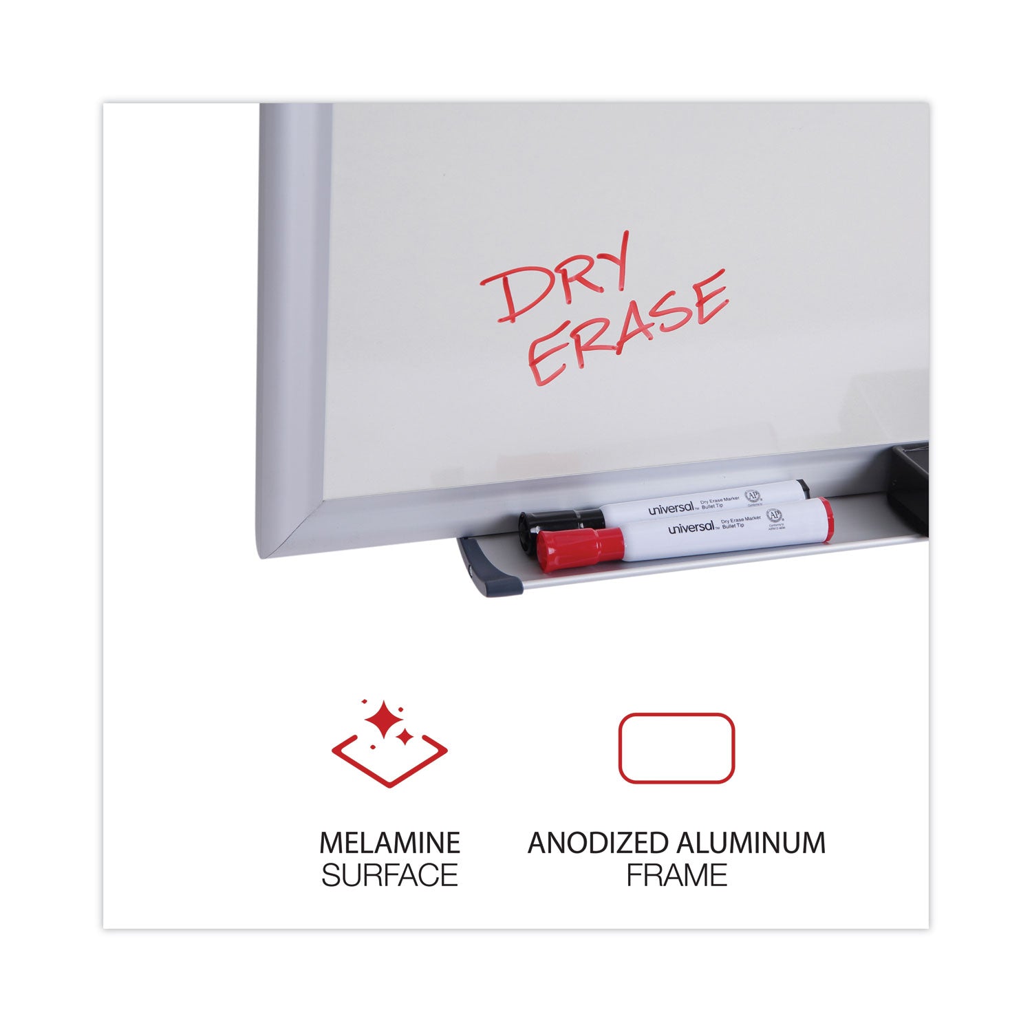 Universal® Deluxe Melamine Dry Erase Board, 60" x 36", White Surface, Anodized Aluminum Frame