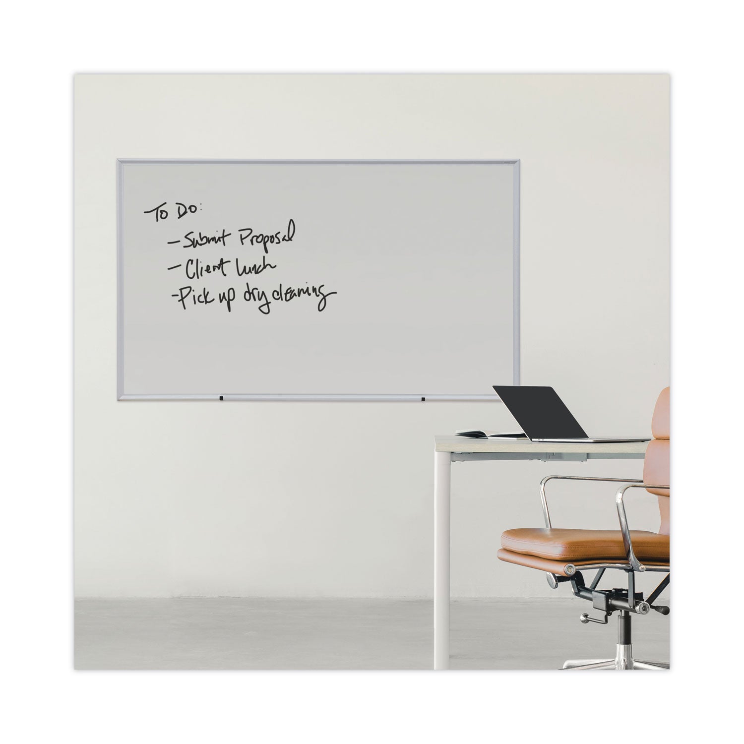 Universal® Deluxe Melamine Dry Erase Board, 60" x 36", White Surface, Anodized Aluminum Frame