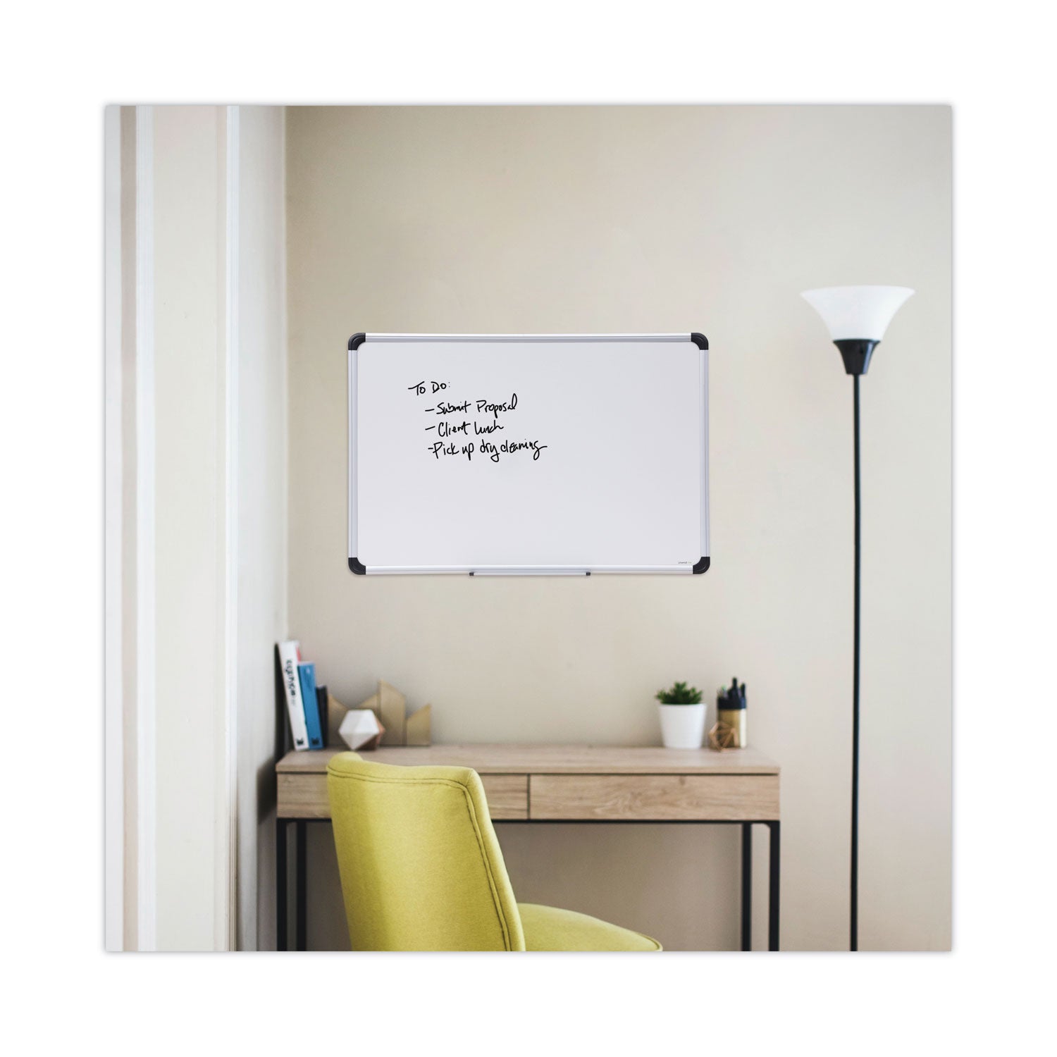 Universal® Deluxe Porcelain Magnetic Dry Erase Board, 36" x 24", White Surface, Silver/Black Aluminum Frame