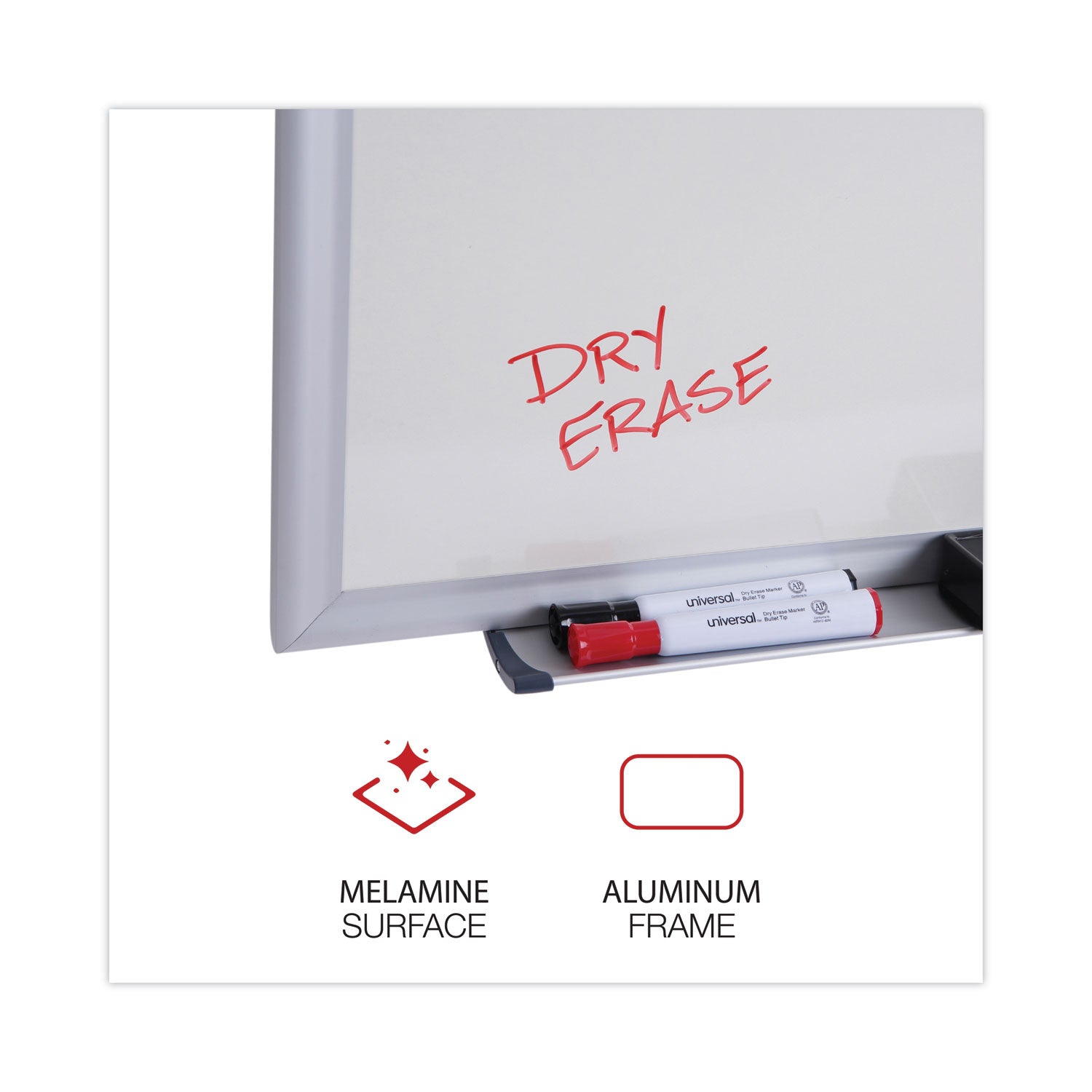 Universal® Deluxe Melamine Dry Erase Board, 48" x 36", White Surface, Satin Aluminum Frame