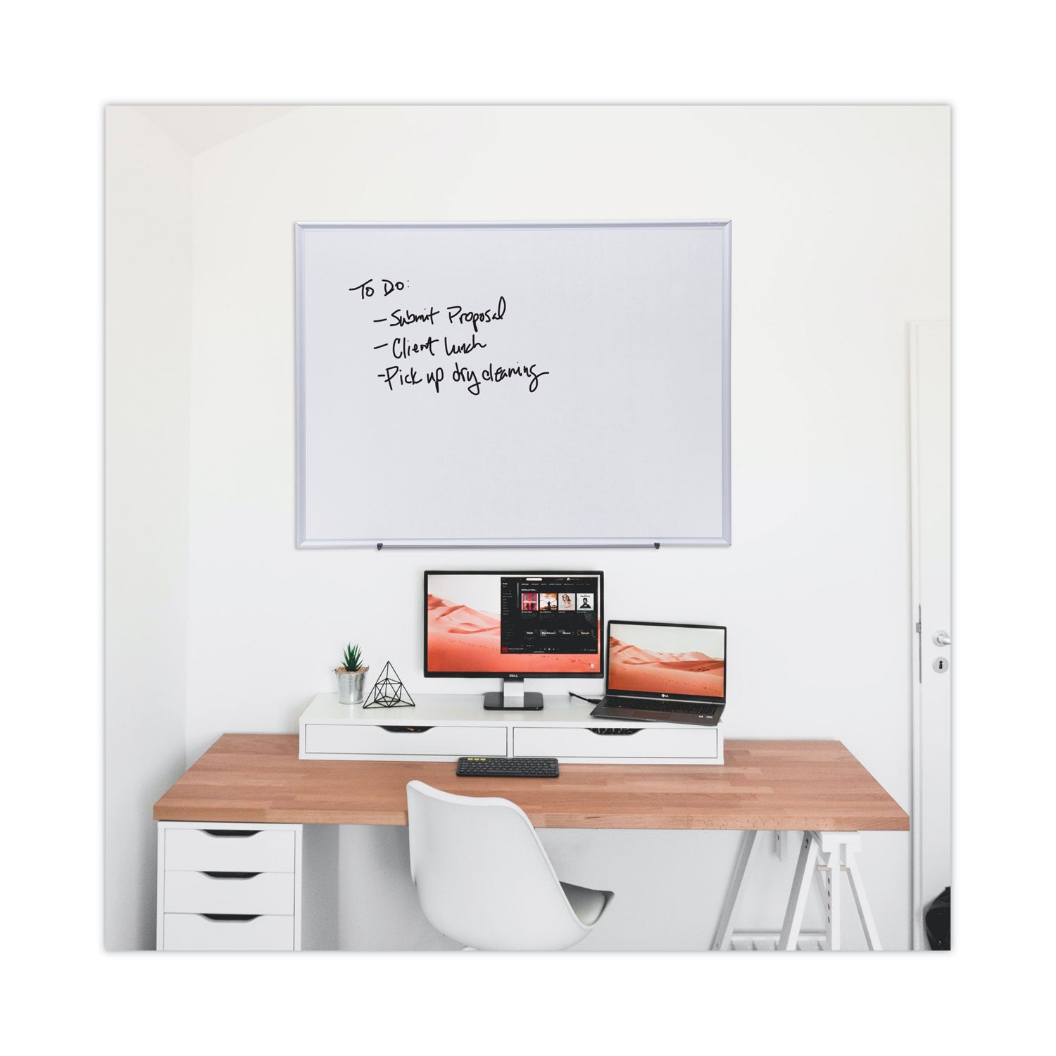 Universal® Deluxe Melamine Dry Erase Board, 48" x 36", White Surface, Satin Aluminum Frame